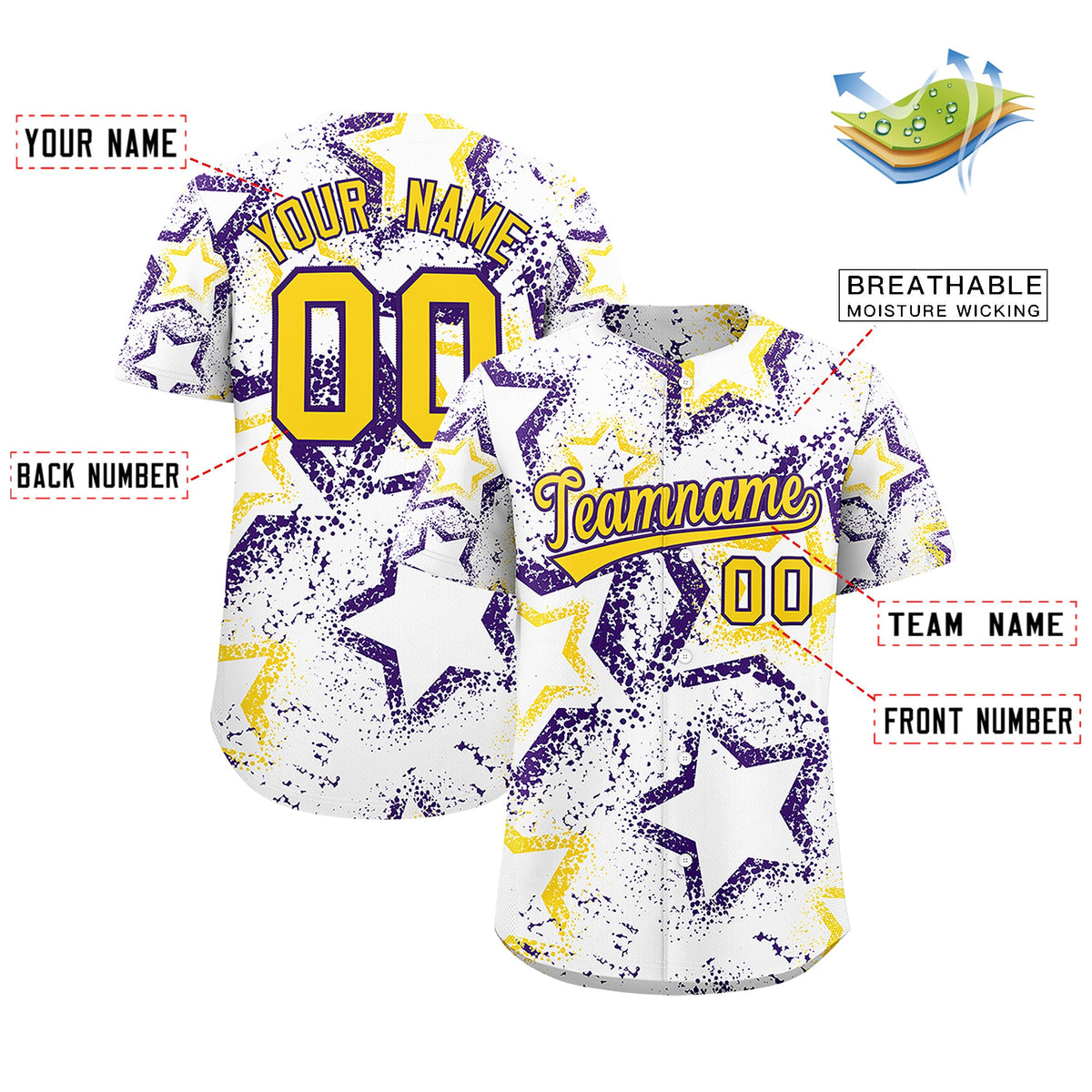 Custom White Gold Purple Star-Shaped Ink Texture Graffiti Pattern Baseball Jersey | Sublimation Printed & Stitched,Add Name and Numbern,Perfect for Parties,Perfect for Training | KXKSHOP