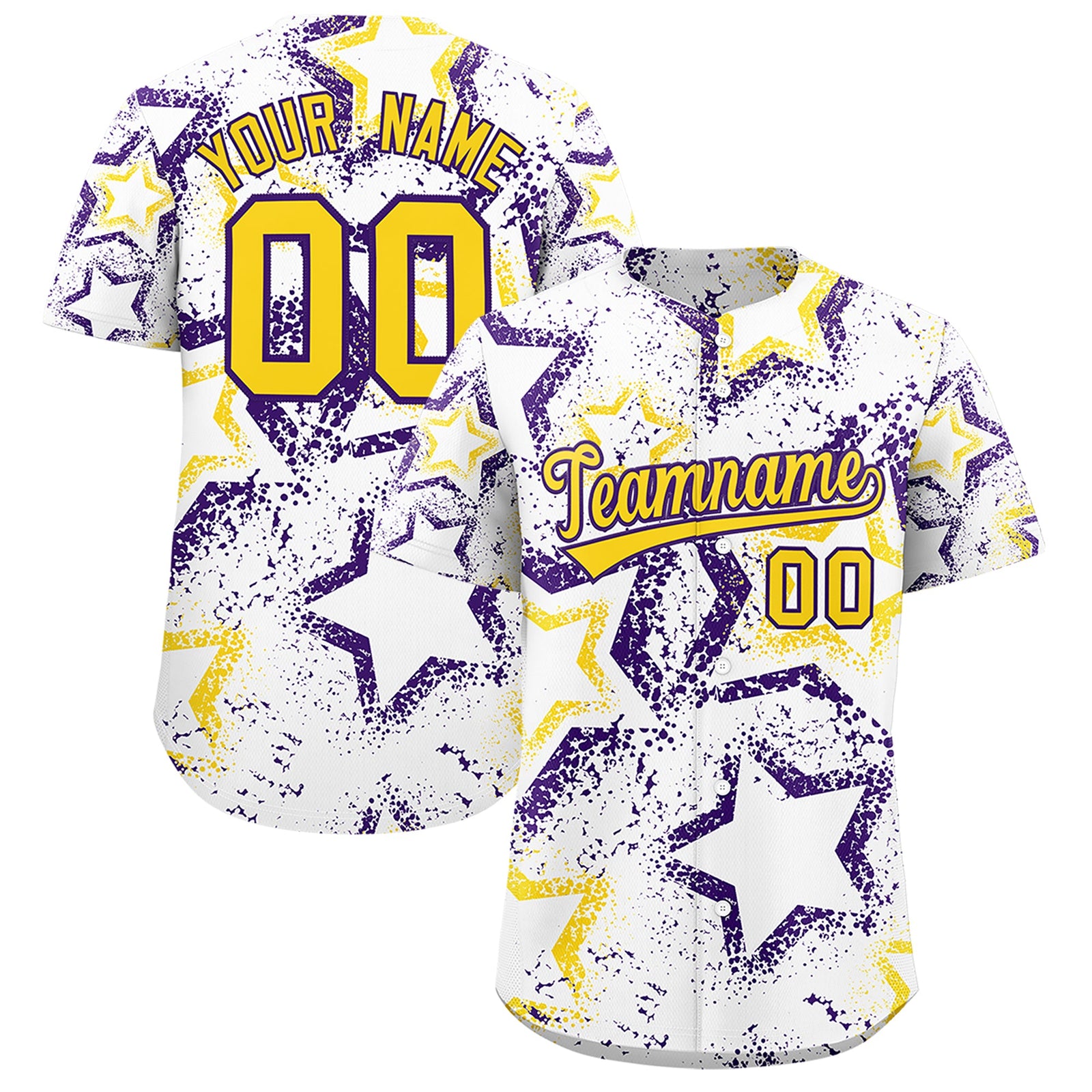 Custom White Gold Purple Star-Shaped Ink Texture Graffiti Pattern Baseball Jersey | Sublimation Printed & Stitched,Add Name and Numbern,Perfect for Parties,Perfect for Training | KXKSHOP