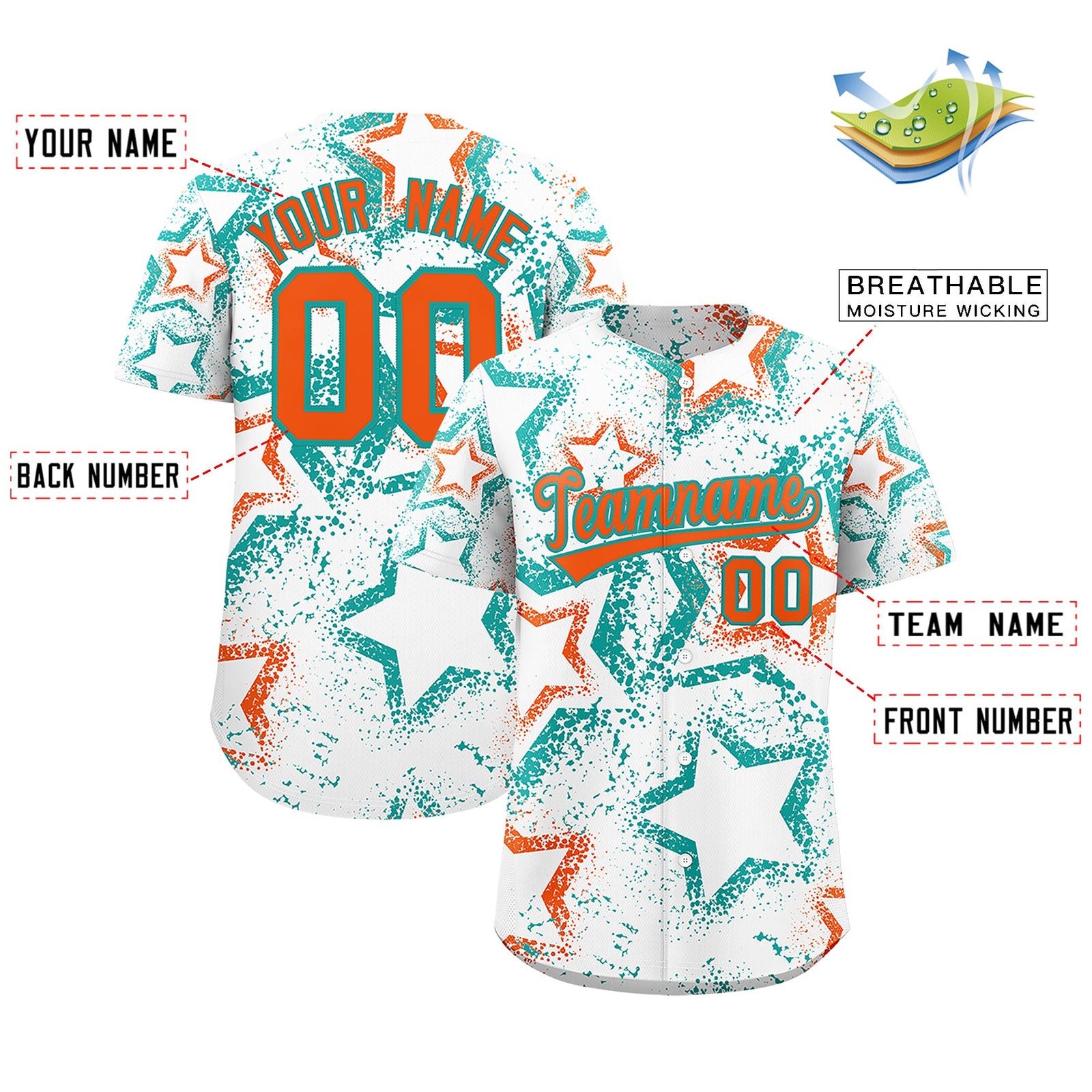Custom White Aqua Orange Star-Shaped Ink Texture Graffiti Pattern Baseball Jersey | Sublimation Printed & Stitched,Add Name and Numbern,Perfect for Parties,Perfect for Training | KXKSHOP