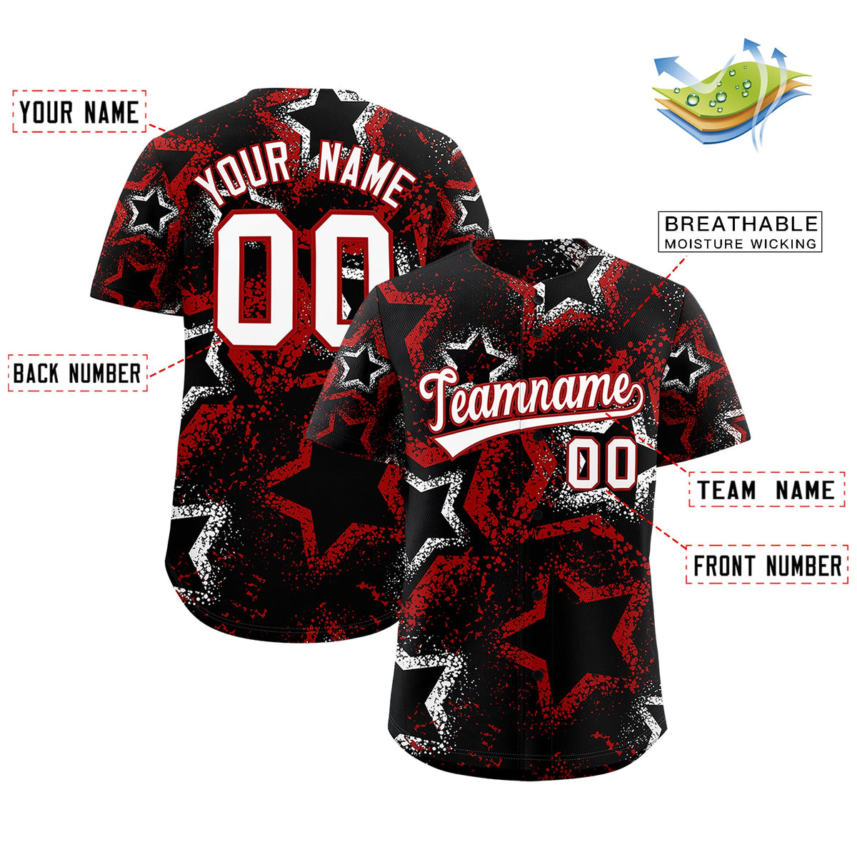 Custom Black White Red Star-Shaped Ink Texture Graffiti Pattern Baseball Jersey | Sublimation Printed &amp; Stitched,Add Name and Numbern,Perfect for Parties,Perfect for Training | KXKSHOP
