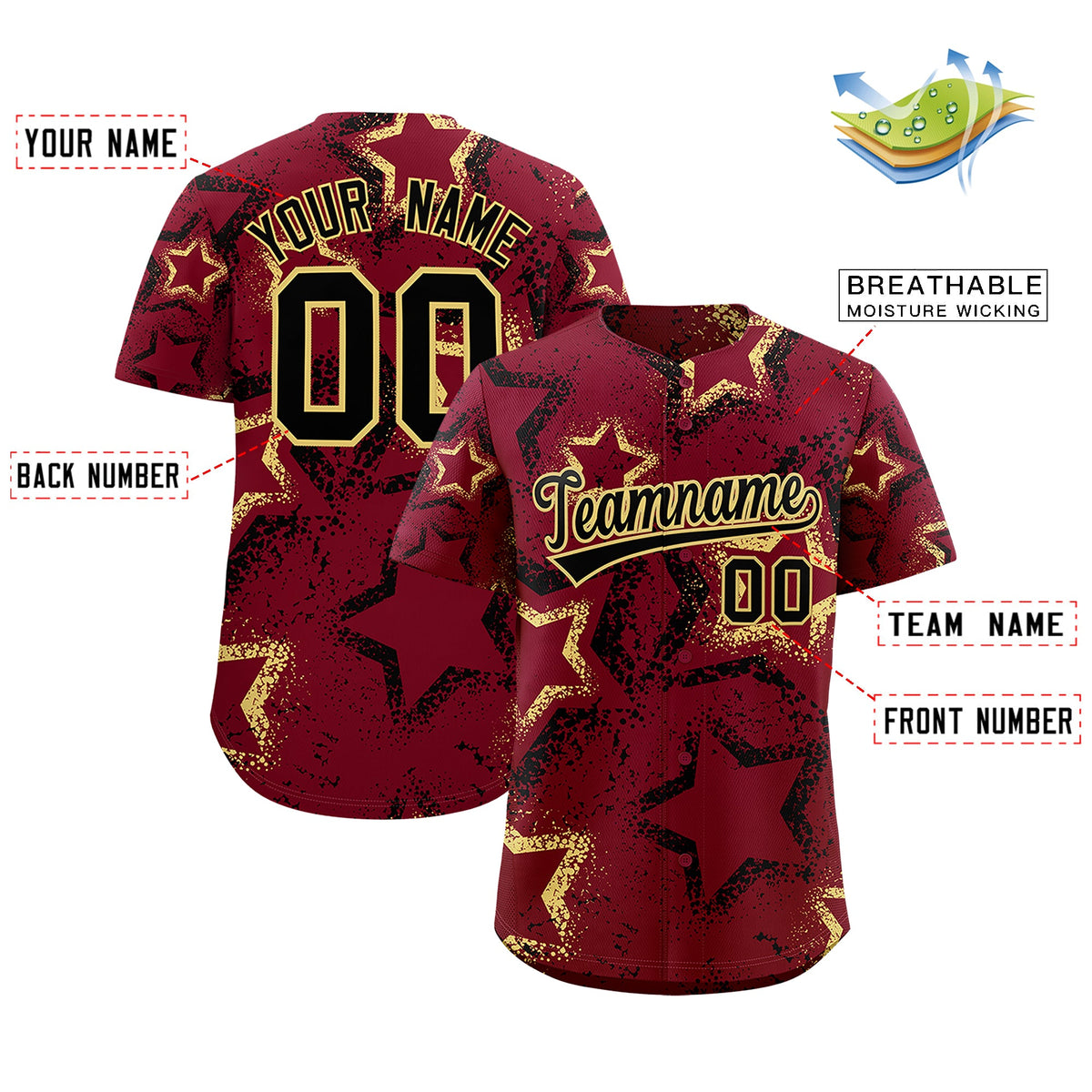 Custom Crimson Khaki Black Star-Shaped Ink Texture Graffiti Pattern Baseball Jersey | Sublimation Printed & Stitched,Add Name and Numbern,Perfect for Parties,Perfect for Training | KXKSHOP