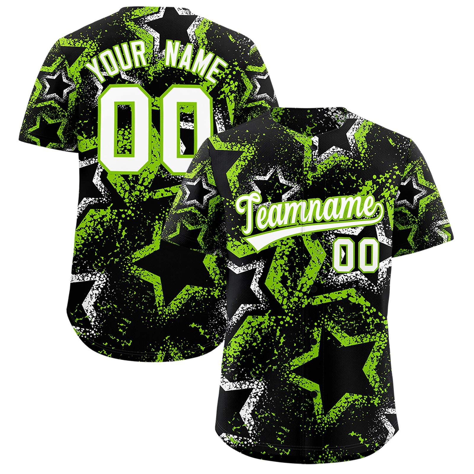 Custom Black White Neon Green Star-Shaped Ink Texture Graffiti Pattern Baseball Jersey | Sublimation Printed & Stitched,Add Name and Numbern,Perfect for Parties,Perfect for Training | KXKSHOP