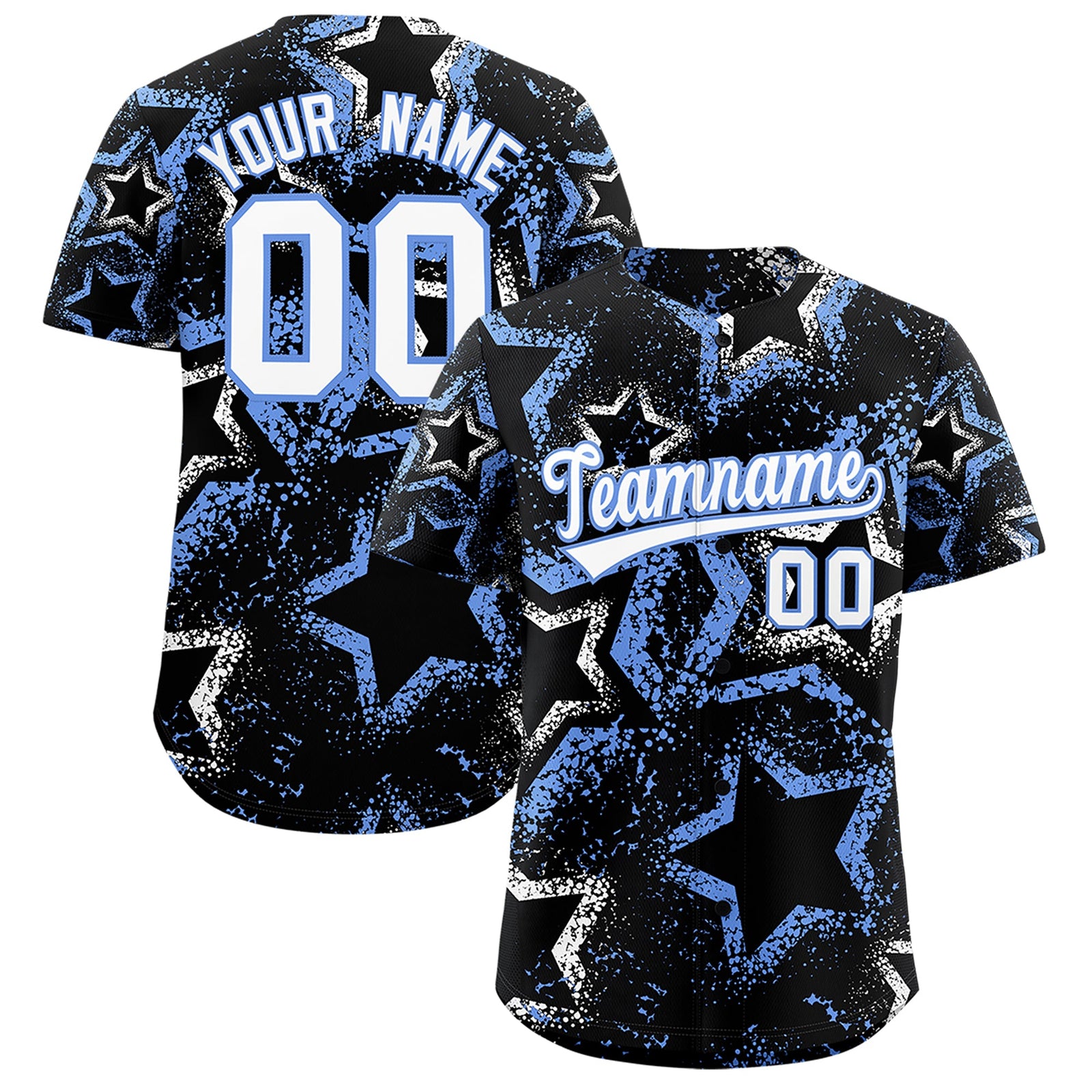 Custom Black White Light Blue Star-Shaped Ink Texture Graffiti Pattern Baseball Jersey | Sublimation Printed & Stitched,Add Name and Numbern,Perfect for Parties,Perfect for Training | KXKSHOP