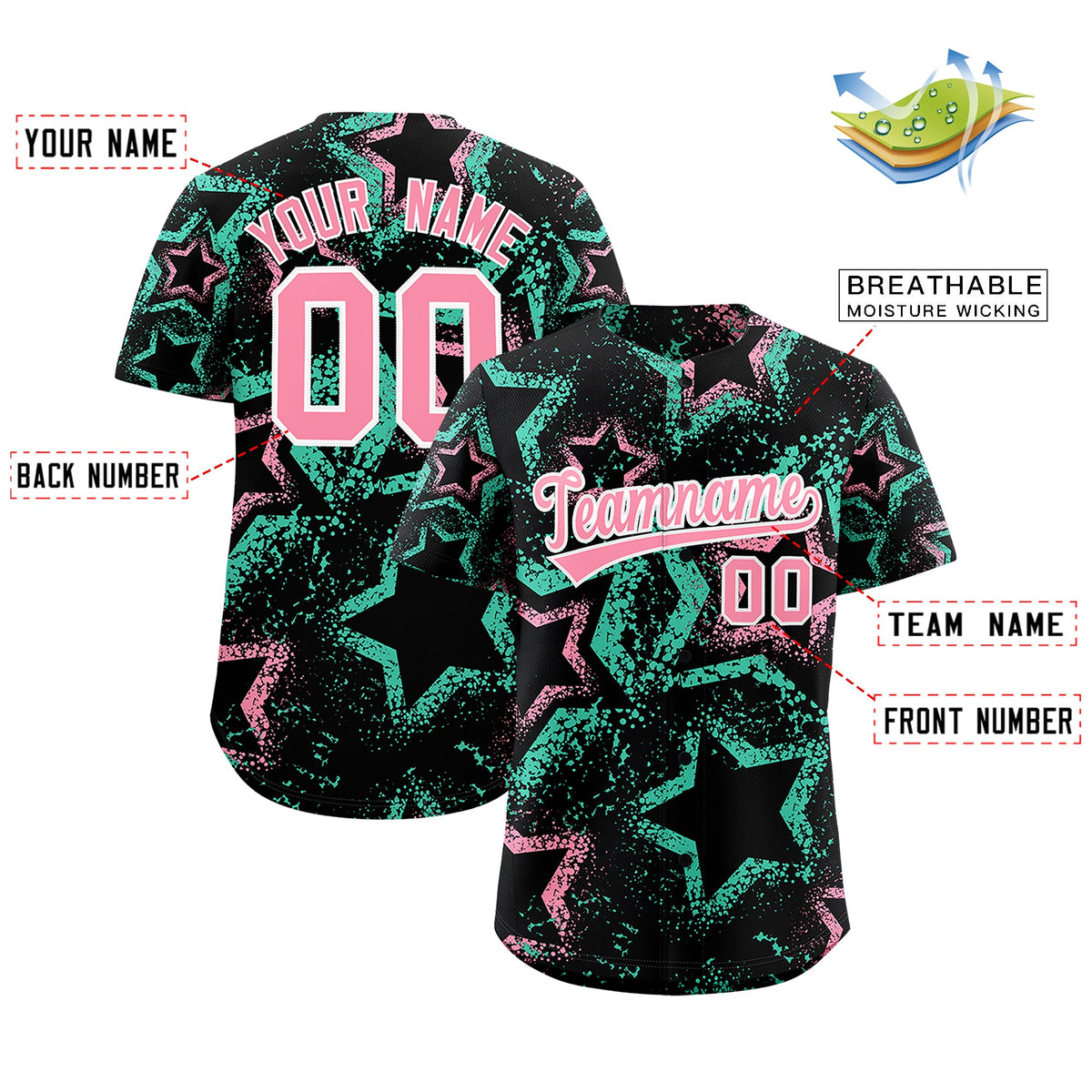 Custom Black Light Pink White Star-Shaped Ink Texture Graffiti Pattern Baseball Jersey | Sublimation Printed &amp; Stitched,Add Name and Numbern,Perfect for Parties,Perfect for Training | KXKSHOP