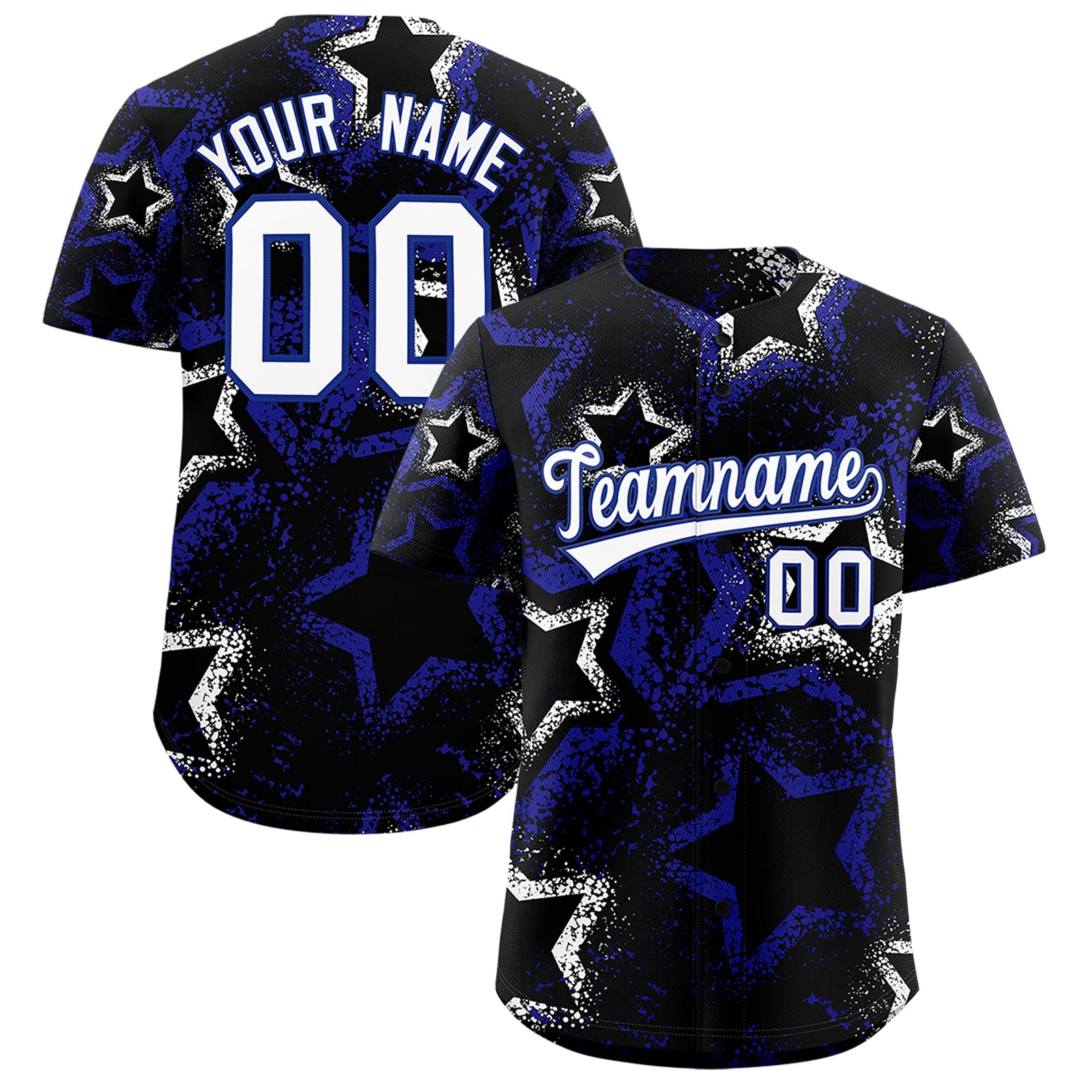 Custom Black White Royal Blue Star-Shaped Ink Texture Graffiti Pattern Baseball Jersey | Sublimation Printed & Stitched,Add Name and Numbern,Perfect for Parties,Perfect for Training | KXKSHOP
