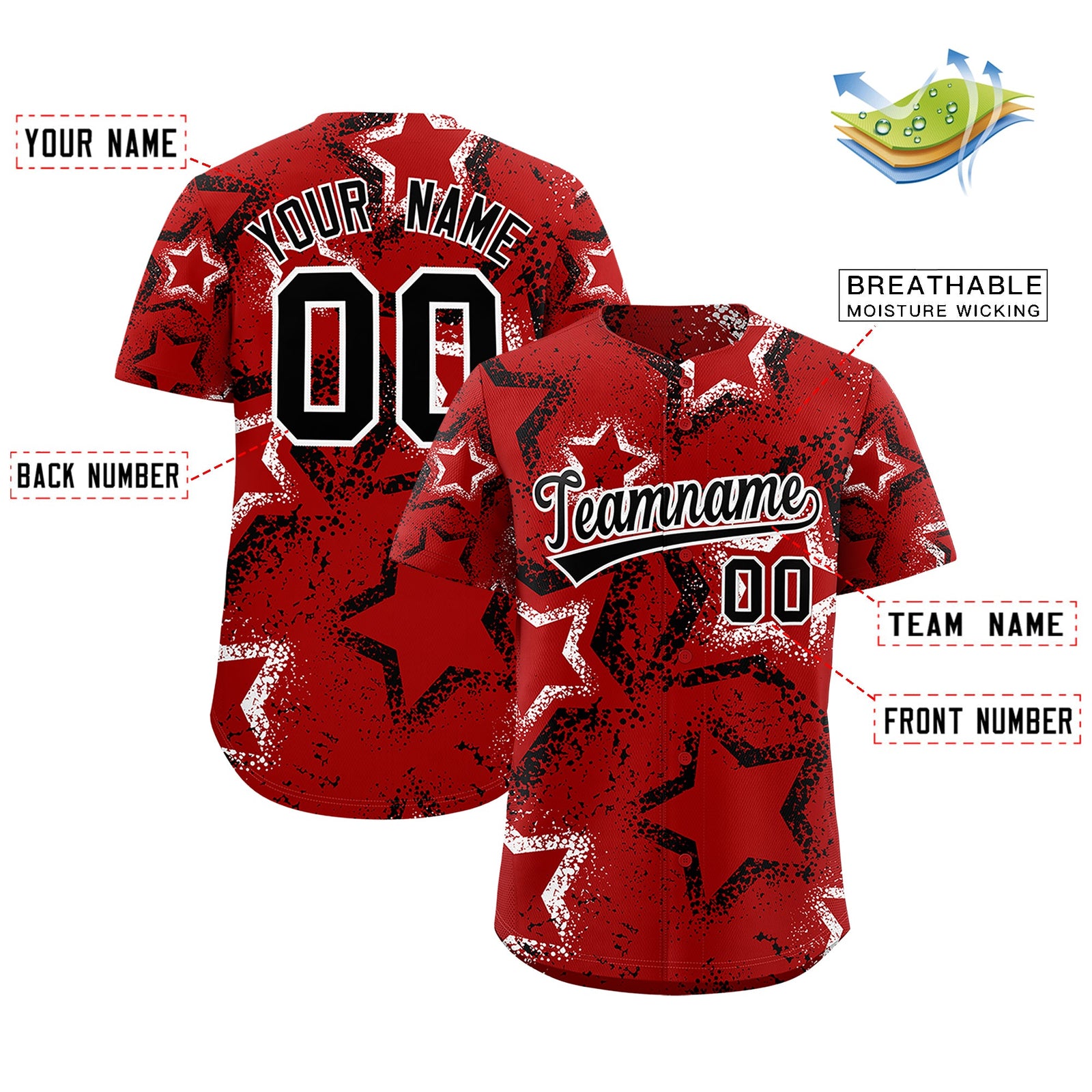 Custom Red White Black Star-Shaped Ink Texture Graffiti Pattern Baseball Jersey | Sublimation Printed & Stitched,Add Name and Numbern,Perfect for Parties,Perfect for Training | KXKSHOP
