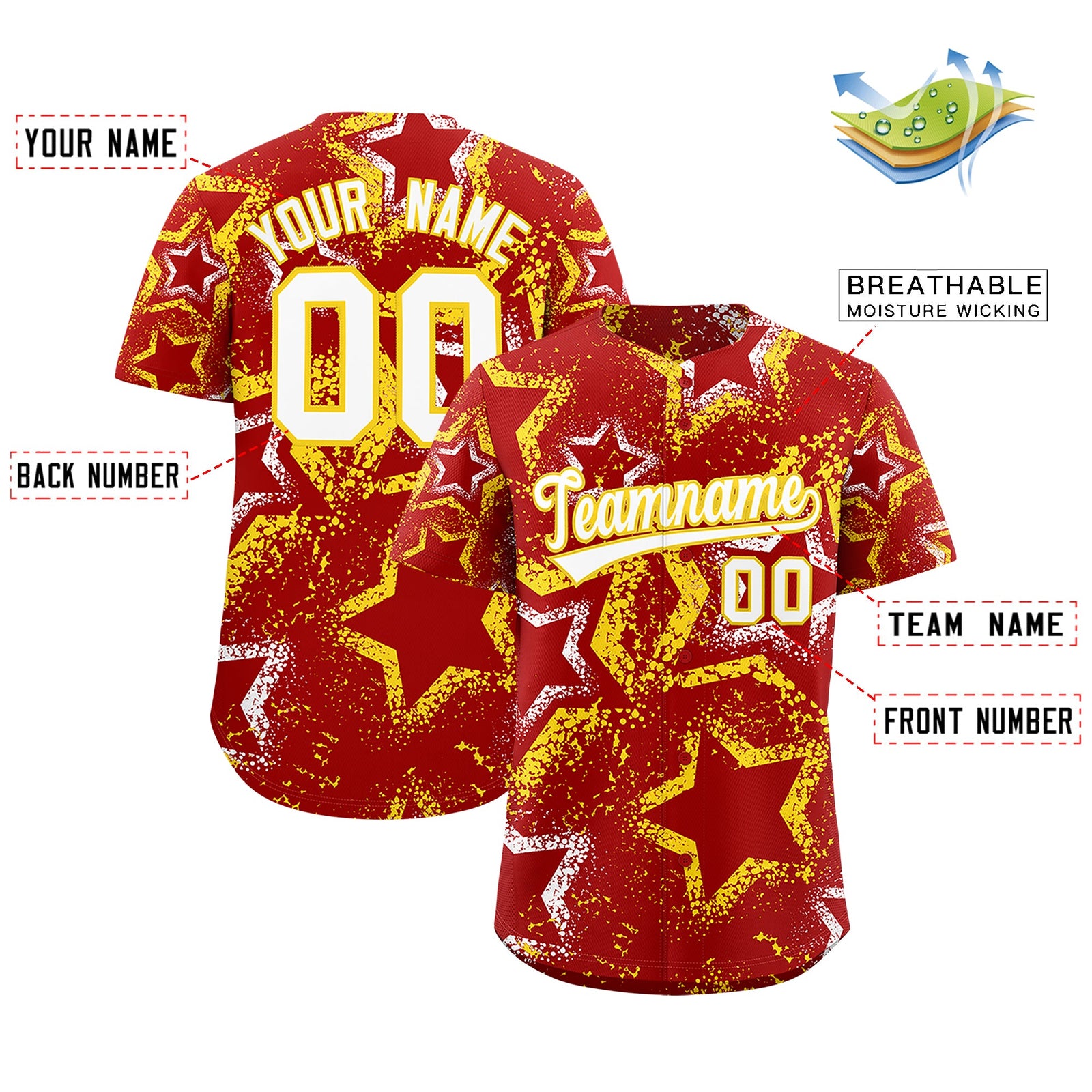 Custom Red White Gold Star-Shaped Ink Texture Graffiti Pattern Baseball Jersey | Sublimation Printed & Stitched,Add Name and Numbern,Perfect for Parties,Perfect for Training | KXKSHOP