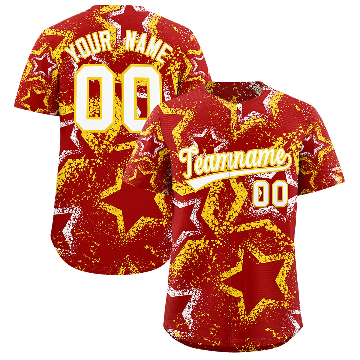 Custom Red White Gold Star-Shaped Ink Texture Graffiti Pattern Baseball Jersey | Sublimation Printed &amp; Stitched,Add Name and Numbern,Perfect for Parties,Perfect for Training | KXKSHOP