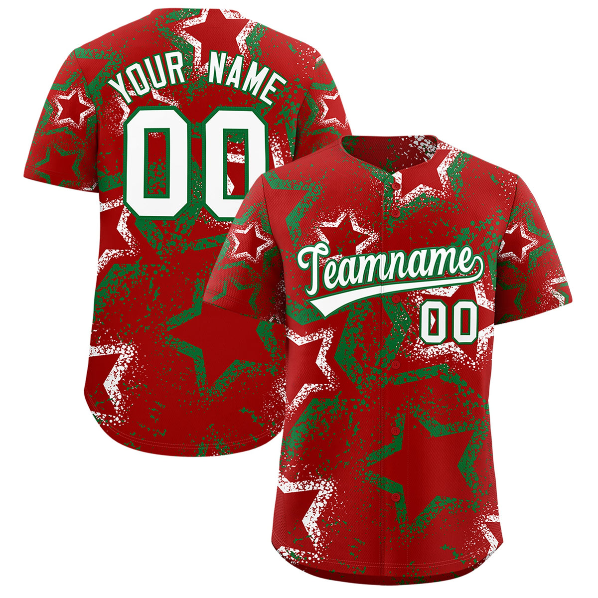 Custom Red White Kelly Green Star-Shaped Ink Texture Graffiti Pattern Baseball Jersey | Sublimation Printed & Stitched,Add Name and Numbern,Perfect for Parties,Perfect for Training | KXKSHOP