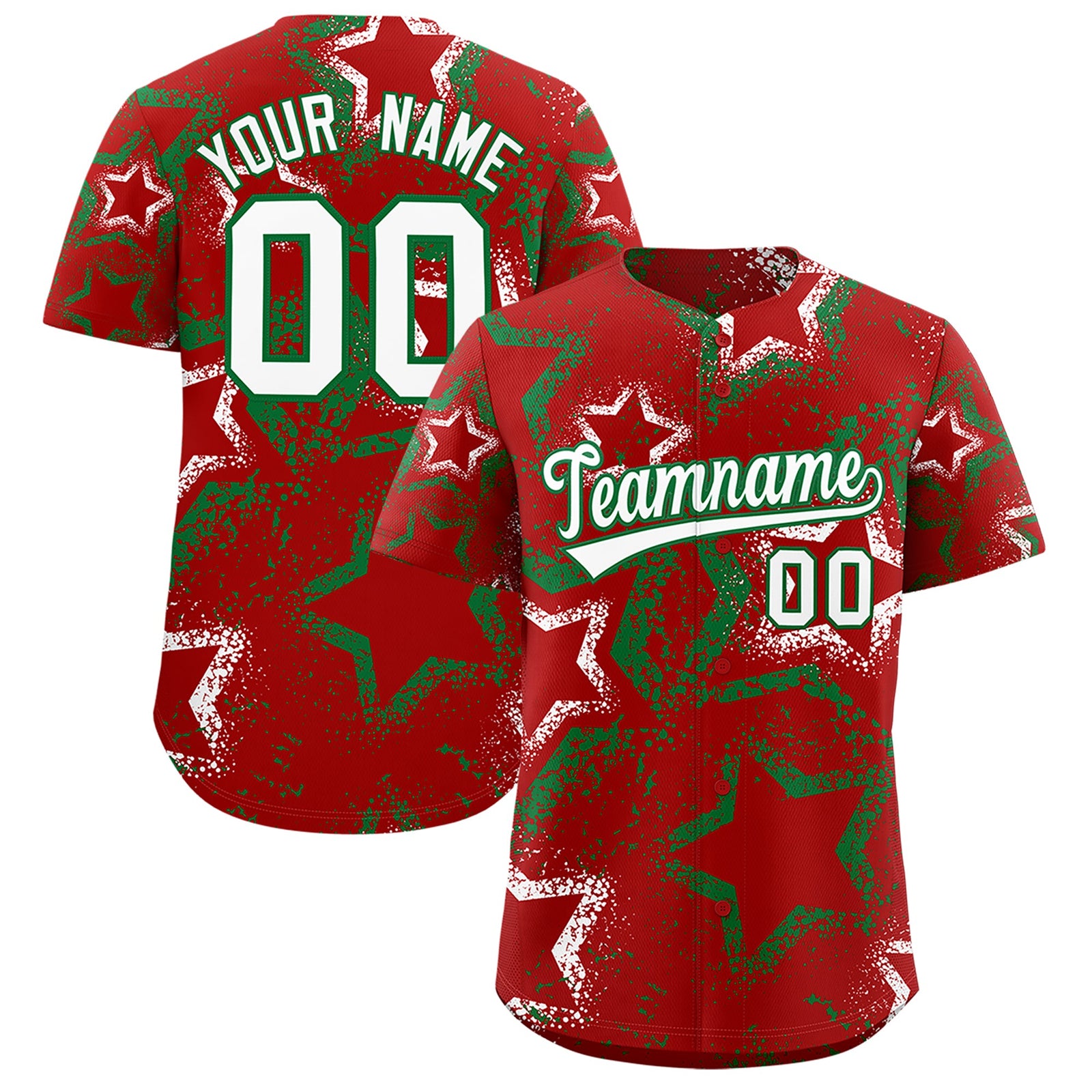 Custom Red White Kelly Green Star-Shaped Ink Texture Graffiti Pattern Baseball Jersey | Sublimation Printed & Stitched,Add Name and Numbern,Perfect for Parties,Perfect for Training | KXKSHOP