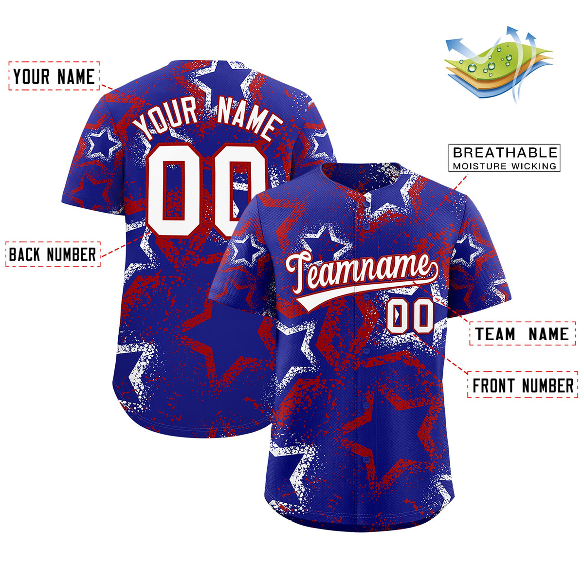 Custom Royal Blue White Red Star-Shaped Ink Texture Graffiti Pattern Baseball Jersey | Sublimation Printed &amp; Stitched,Add Name and Numbern,Perfect for Parties,Perfect for Training | KXKSHOP