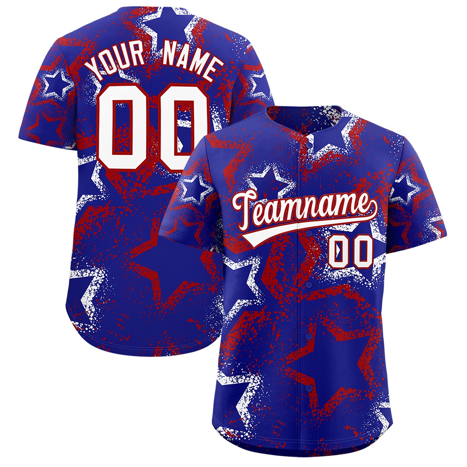 Custom Royal Blue White Red Star-Shaped Ink Texture Graffiti Pattern Baseball Jersey | Sublimation Printed & Stitched,Add Name and Numbern,Perfect for Parties,Perfect for Training | KXKSHOP