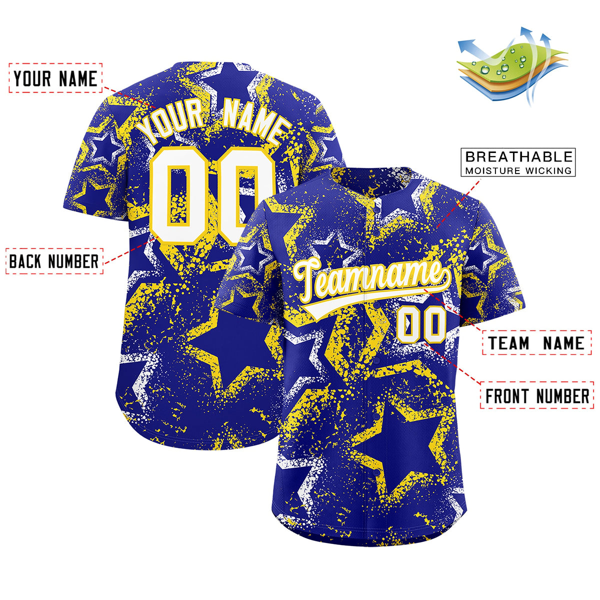 Custom Royal Blue White Gold Star-Shaped Ink Texture Graffiti Pattern Baseball Jersey | Sublimation Printed &amp; Stitched,Add Name and Numbern,Perfect for Parties,Perfect for Training | KXKSHOP