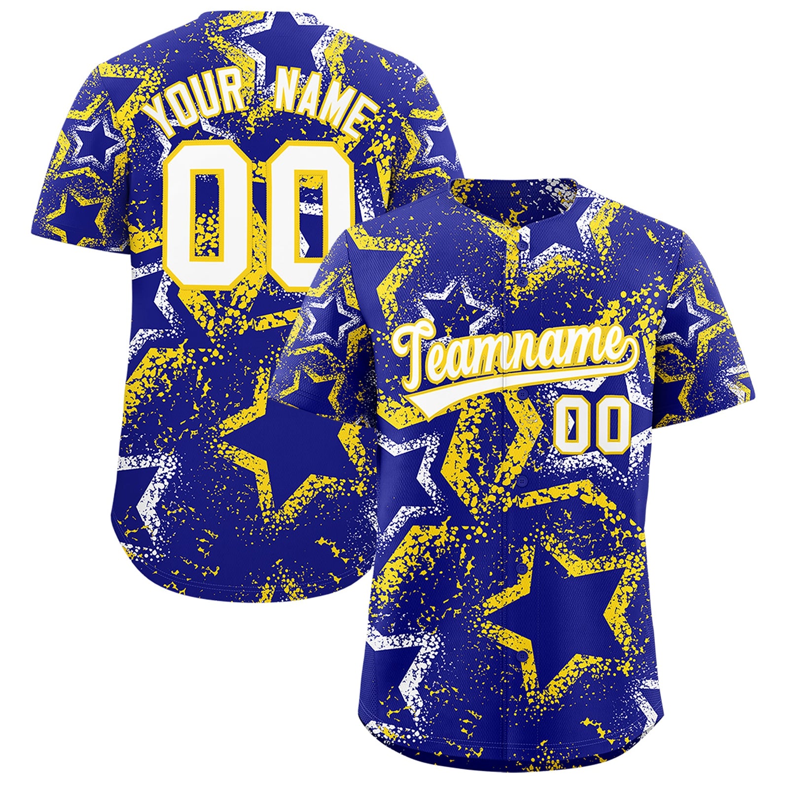 Custom Royal Blue White Gold Star-Shaped Ink Texture Graffiti Pattern Baseball Jersey | Sublimation Printed & Stitched,Add Name and Numbern,Perfect for Parties,Perfect for Training | KXKSHOP
