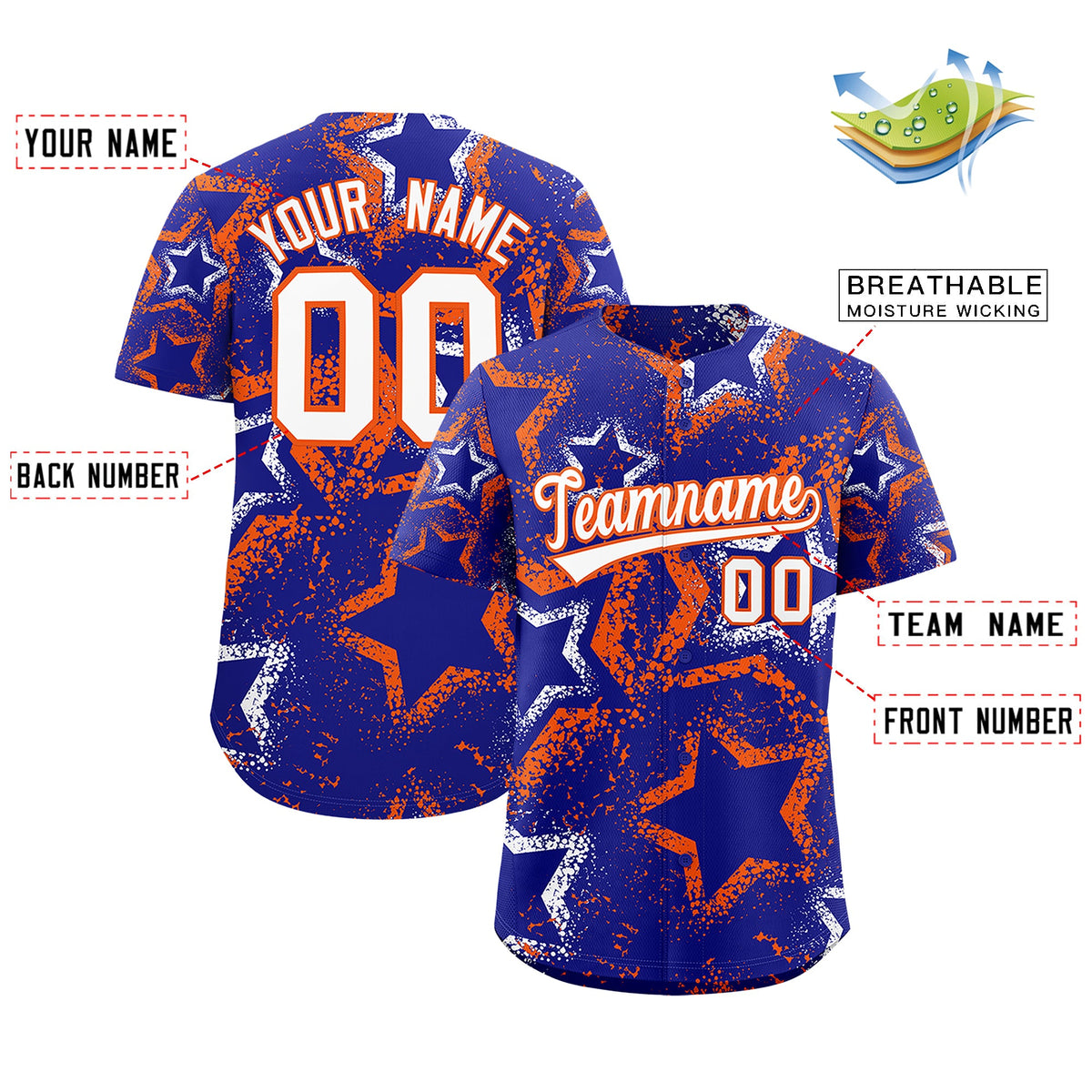 Custom Royal Blue White Orange Star-Shaped Ink Texture Graffiti Pattern Baseball Jersey | Sublimation Printed &amp; Stitched,Add Name and Numbern,Perfect for Parties,Perfect for Training | KXKSHOP