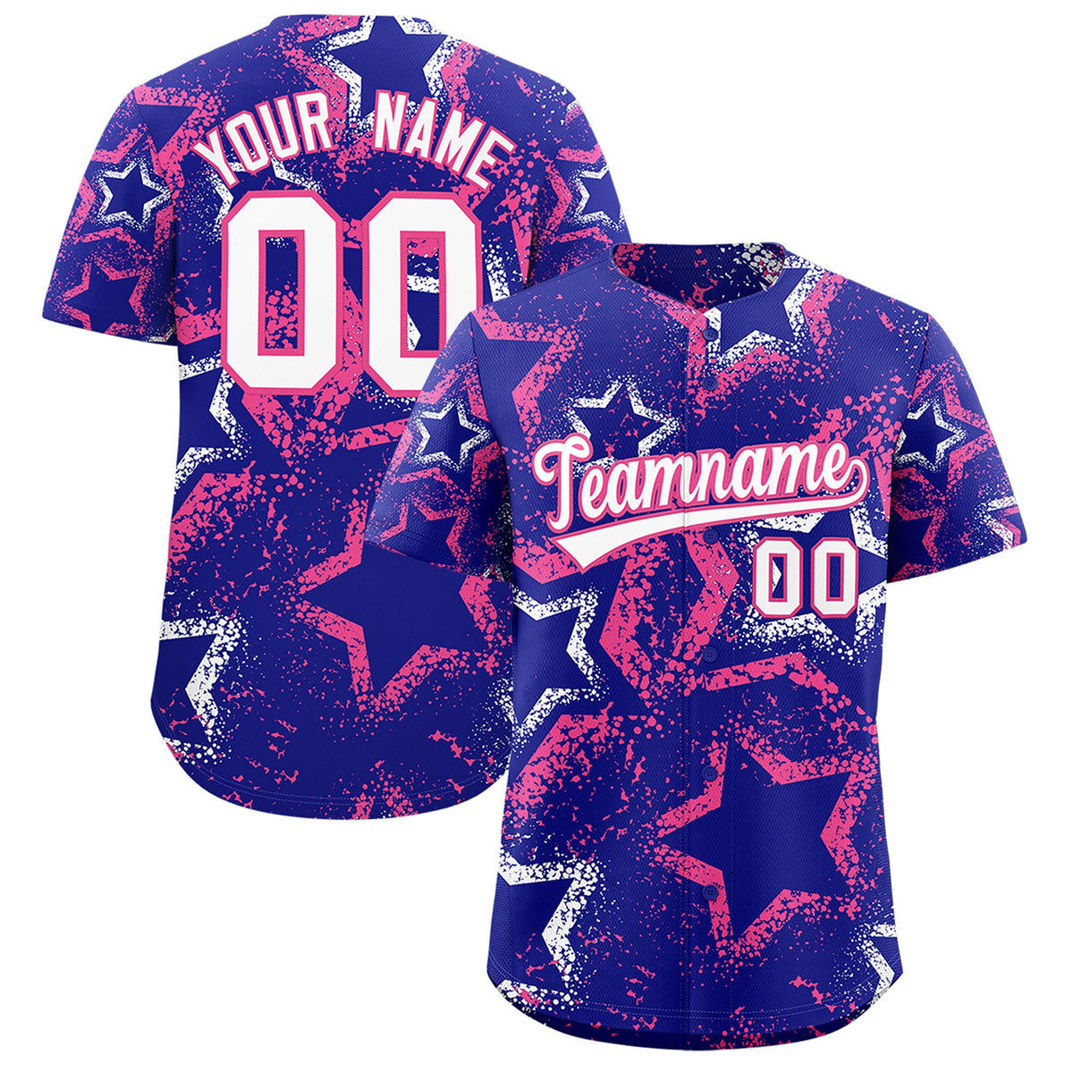 Custom Royal Blue White Pink Star-Shaped Ink Texture Graffiti Pattern Baseball Jersey | Sublimation Printed &amp; Stitched,Add Name and Numbern,Perfect for Parties,Perfect for Training | KXKSHOP