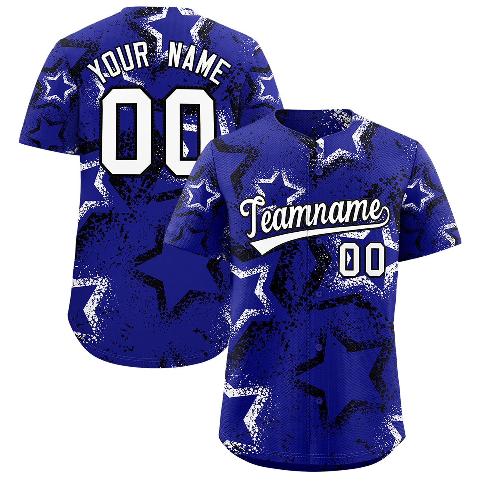 Custom Royal Blue Black White Star-Shaped Ink Texture Graffiti Pattern Baseball Jersey | Sublimation Printed & Stitched,Add Name and Numbern,Perfect for Parties,Perfect for Training | KXKSHOP