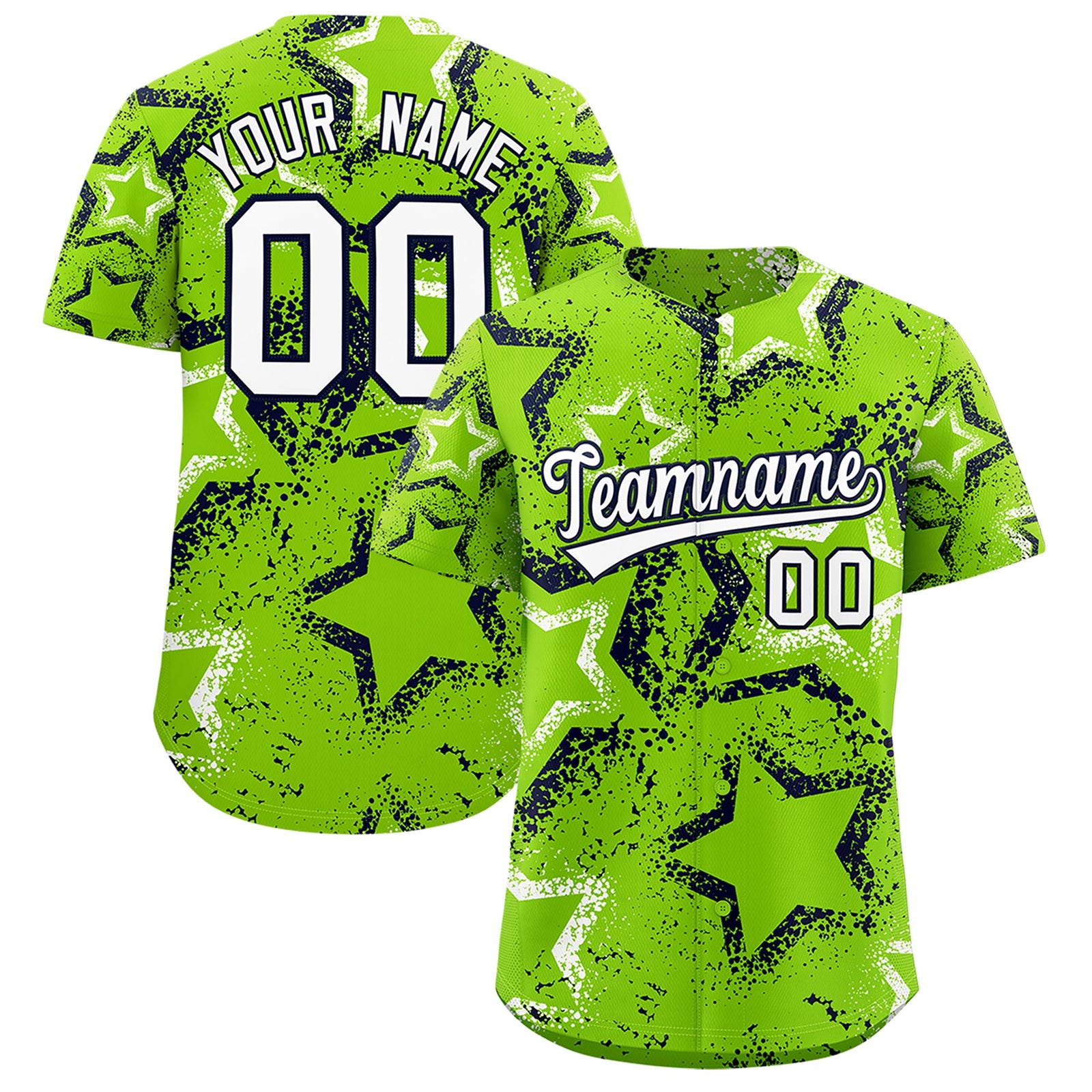 Custom Neon Green White Navy Star-Shaped Ink Texture Graffiti Pattern Baseball Jersey | Sublimation Printed & Stitched,Add Name and Numbern,Perfect for Parties,Perfect for Training | KXKSHOP