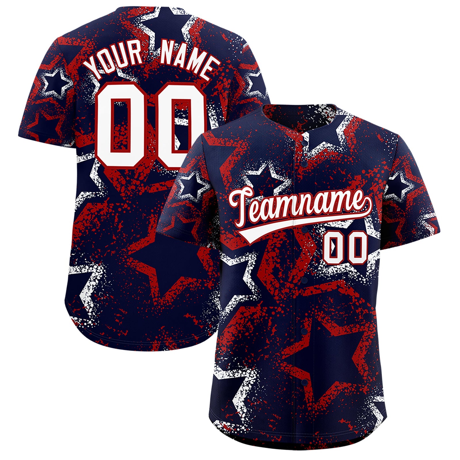 Custom Navy White Red Star-Shaped Ink Texture Graffiti Pattern Baseball Jersey | Sublimation Printed & Stitched,Add Name and Numbern,Perfect for Parties,Perfect for Training | KXKSHOP