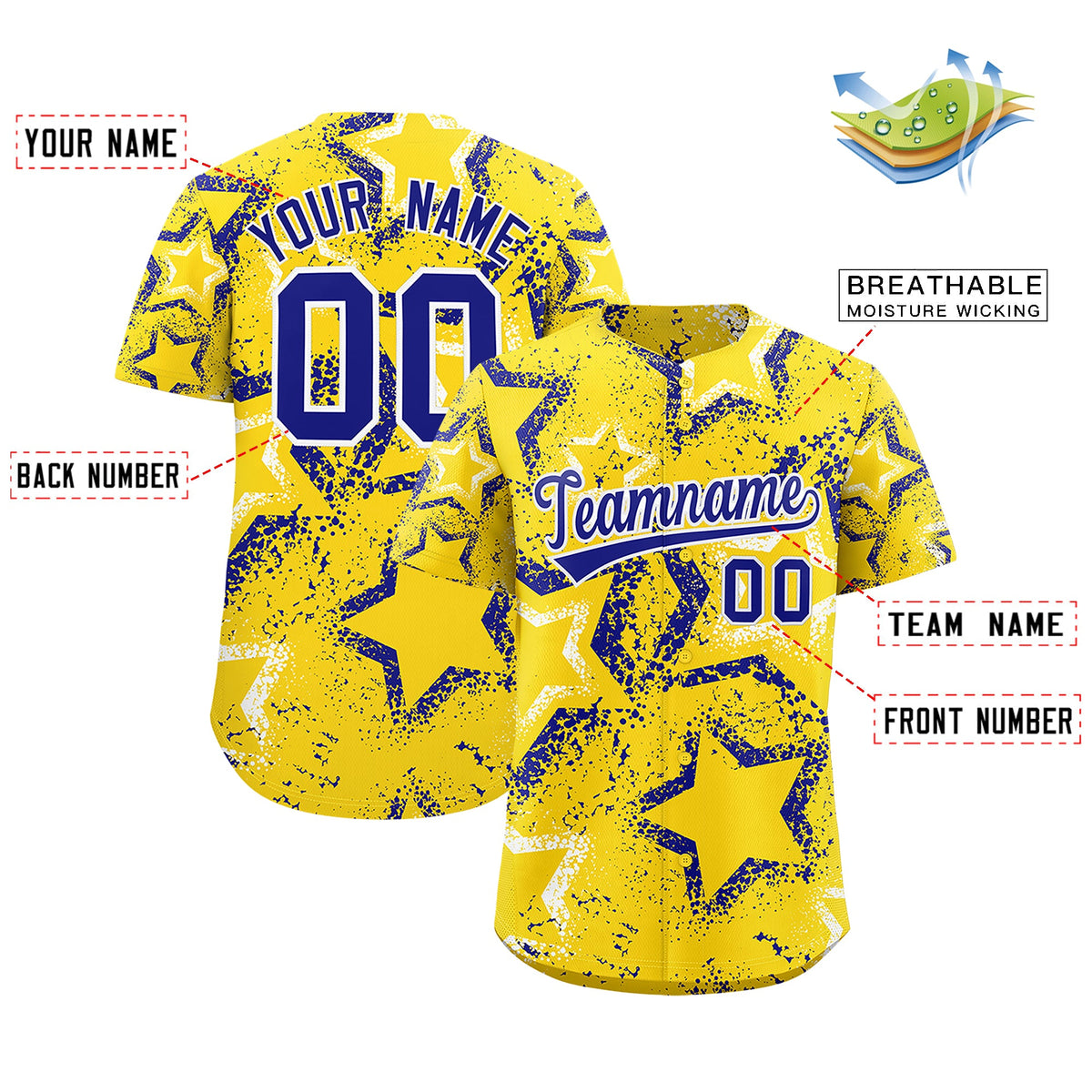 Custom Gold White Royal Blue Star-Shaped Ink Texture Graffiti Pattern Baseball Jersey | Sublimation Printed &amp; Stitched,Add Name and Numbern,Perfect for Parties,Perfect for Training | KXKSHOP