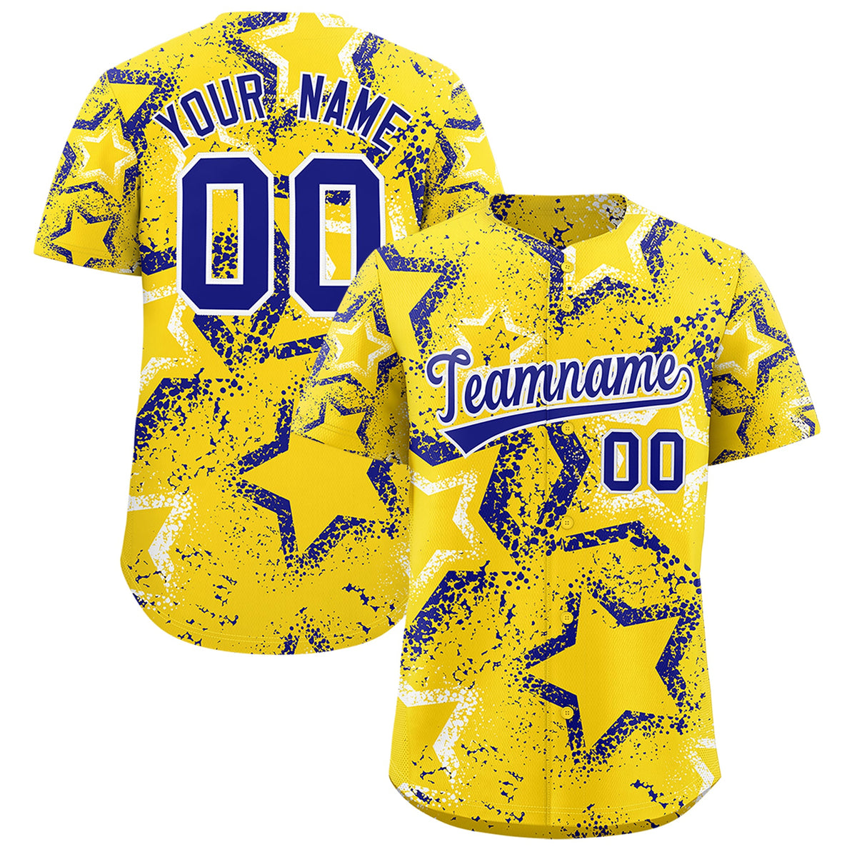 Custom Gold White Royal Blue Star-Shaped Ink Texture Graffiti Pattern Baseball Jersey | Sublimation Printed &amp; Stitched,Add Name and Numbern,Perfect for Parties,Perfect for Training | KXKSHOP