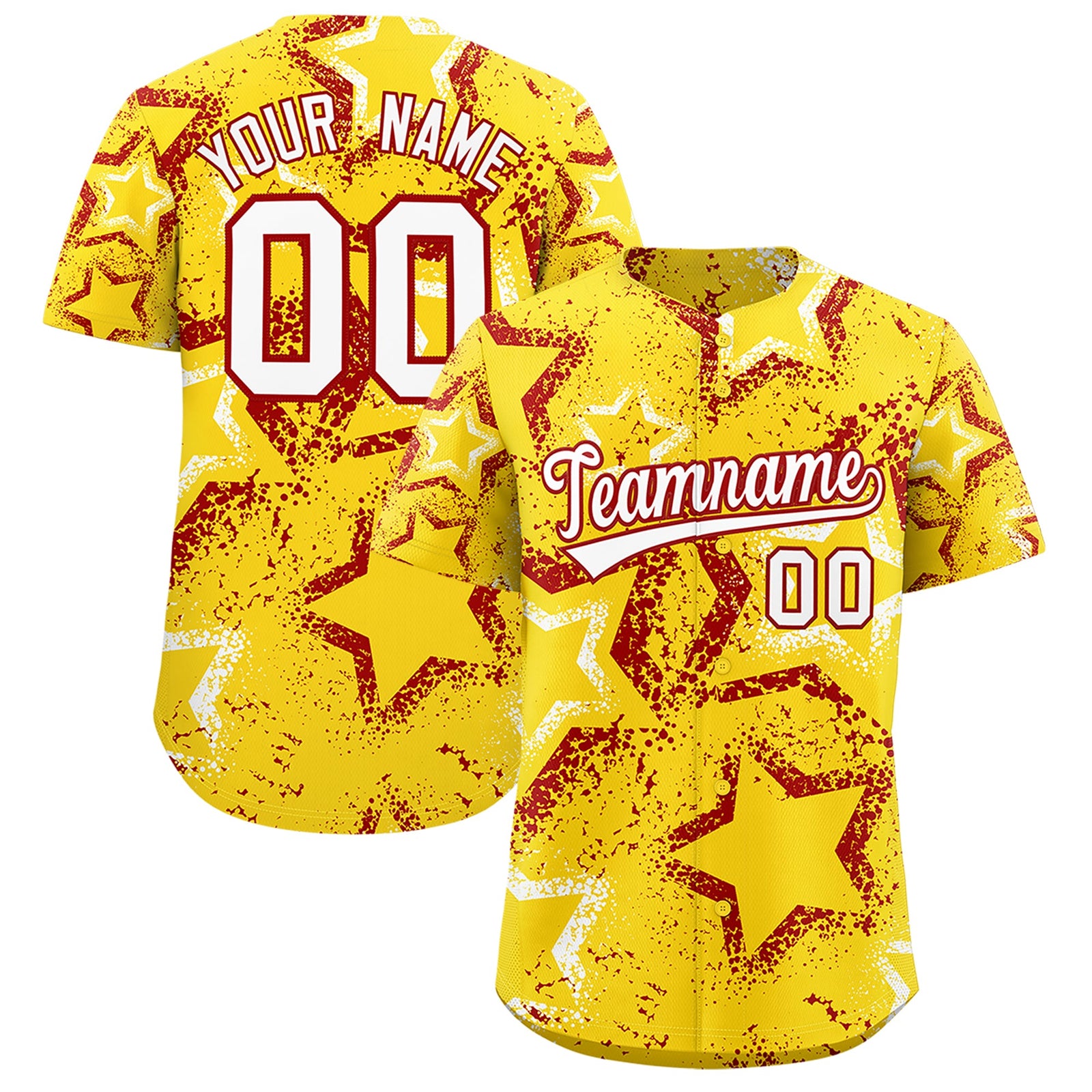 Custom Gold White Red Star-Shaped Ink Texture Graffiti Pattern Baseball Jersey | Sublimation Printed & Stitched,Add Name and Numbern,Perfect for Parties,Perfect for Training | KXKSHOP