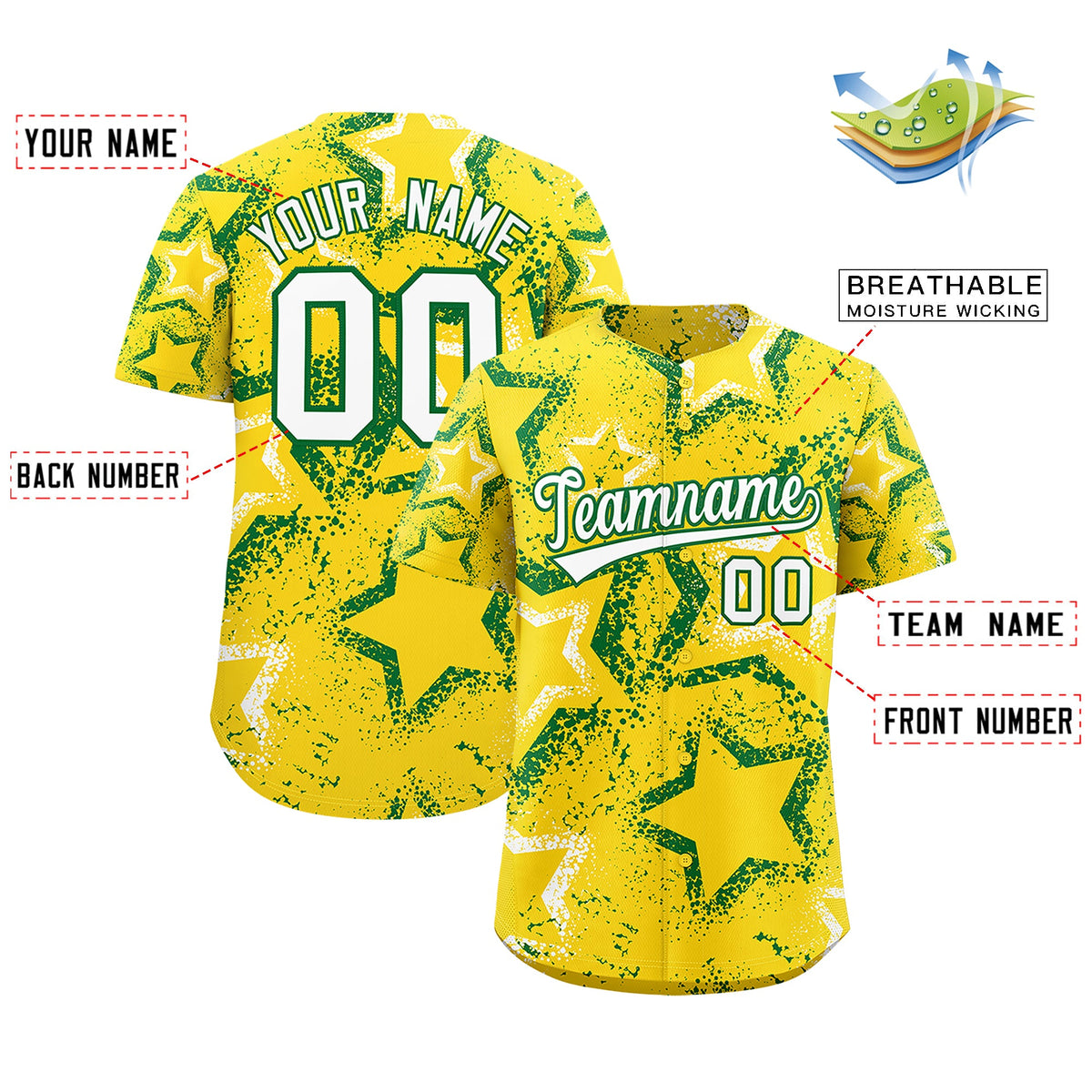 Custom Gold White Kelly Green Star-Shaped Ink Texture Graffiti Pattern Baseball Jersey | Sublimation Printed & Stitched,Add Name and Numbern,Perfect for Parties,Perfect for Training | KXKSHOP