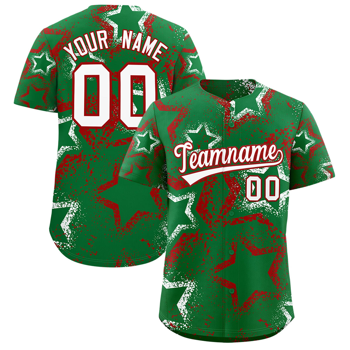 Custom Kelly Green White Red Star-Shaped Ink Texture Graffiti Pattern Baseball Jersey | Sublimation Printed & Stitched,Add Name and Numbern,Perfect for Parties,Perfect for Training | KXKSHOP