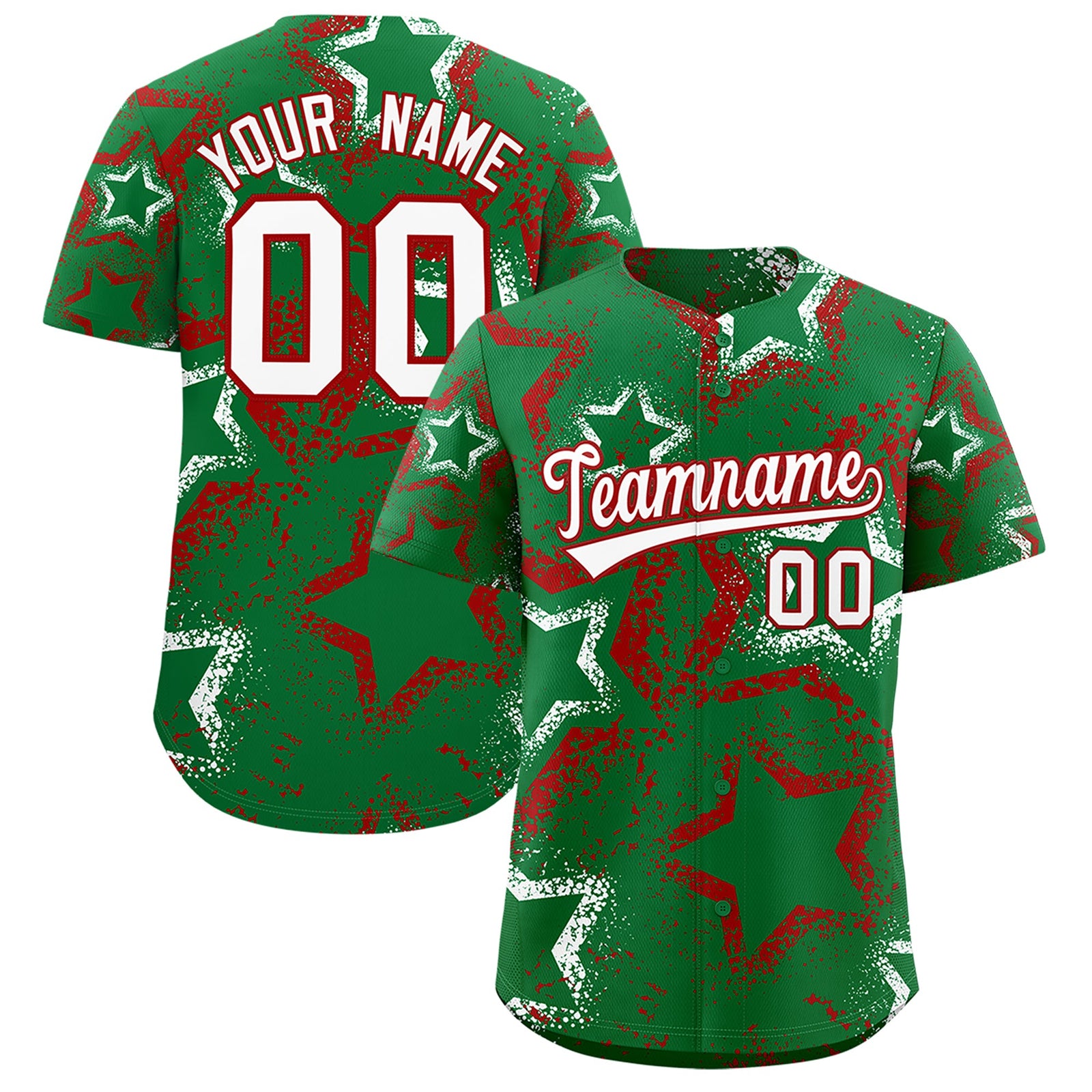 Custom Kelly Green White Red Star-Shaped Ink Texture Graffiti Pattern Baseball Jersey | Sublimation Printed & Stitched,Add Name and Numbern,Perfect for Parties,Perfect for Training | KXKSHOP