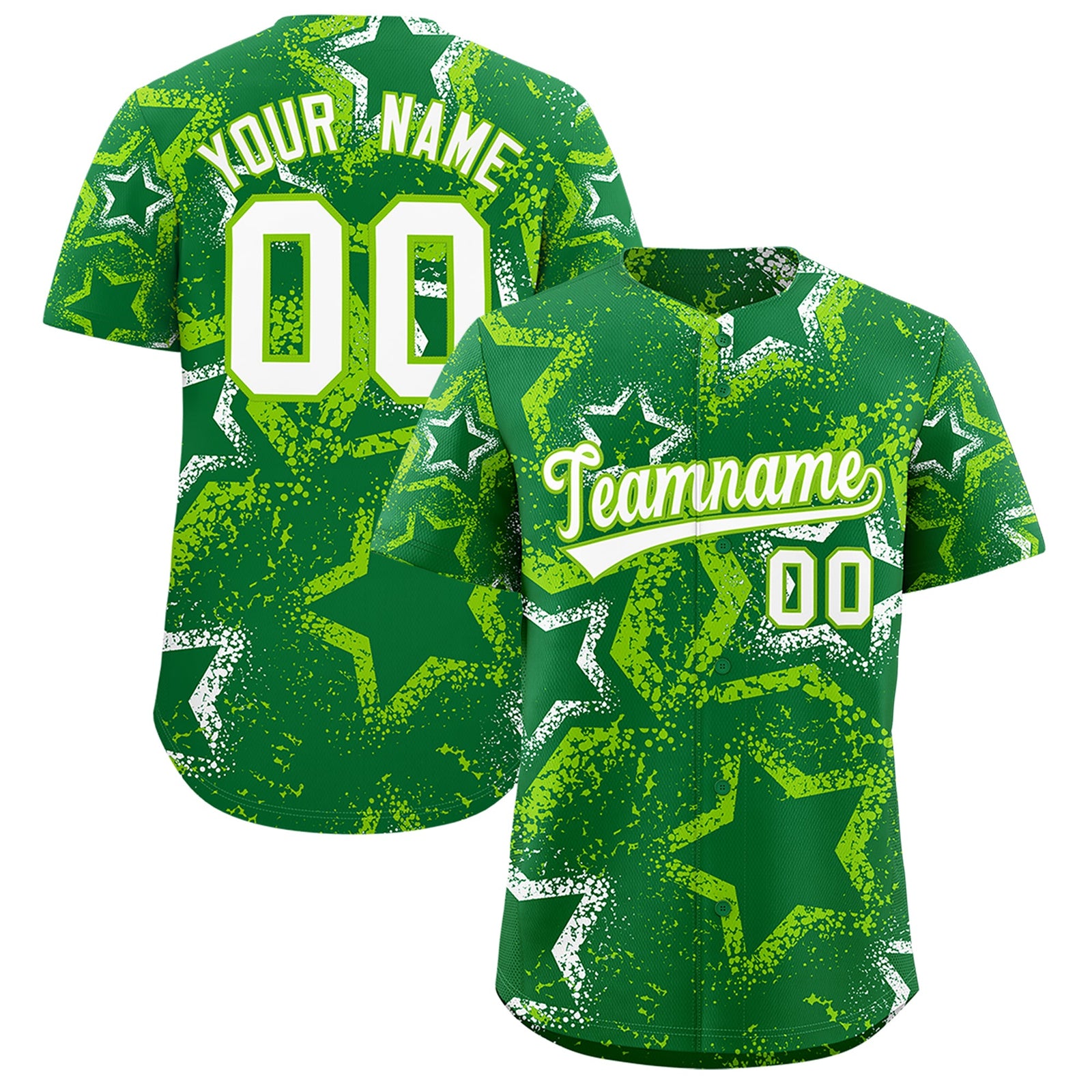 Custom Kelly Green White Neon Green Star-Shaped Ink Texture Graffiti Pattern Baseball Jersey | Sublimation Printed & Stitched,Add Name and Numbern,Perfect for Parties,Perfect for Training | KXKSHOP