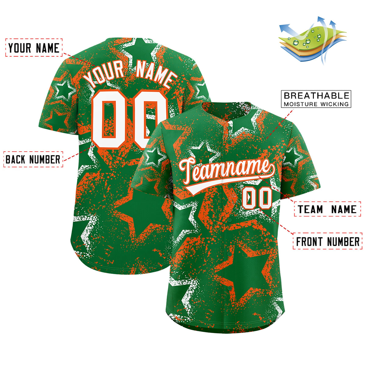 Custom Kelly Green White Orange Star-Shaped Ink Texture Graffiti Pattern Baseball Jersey | Sublimation Printed & Stitched,Add Name and Numbern,Perfect for Parties,Perfect for Training | KXKSHOP