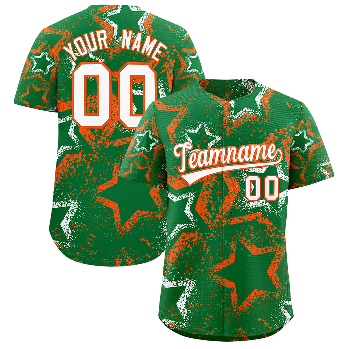 Custom Kelly Green White Orange Star-Shaped Ink Texture Graffiti Pattern Baseball Jersey | Sublimation Printed & Stitched,Add Name and Numbern,Perfect for Parties,Perfect for Training | KXKSHOP