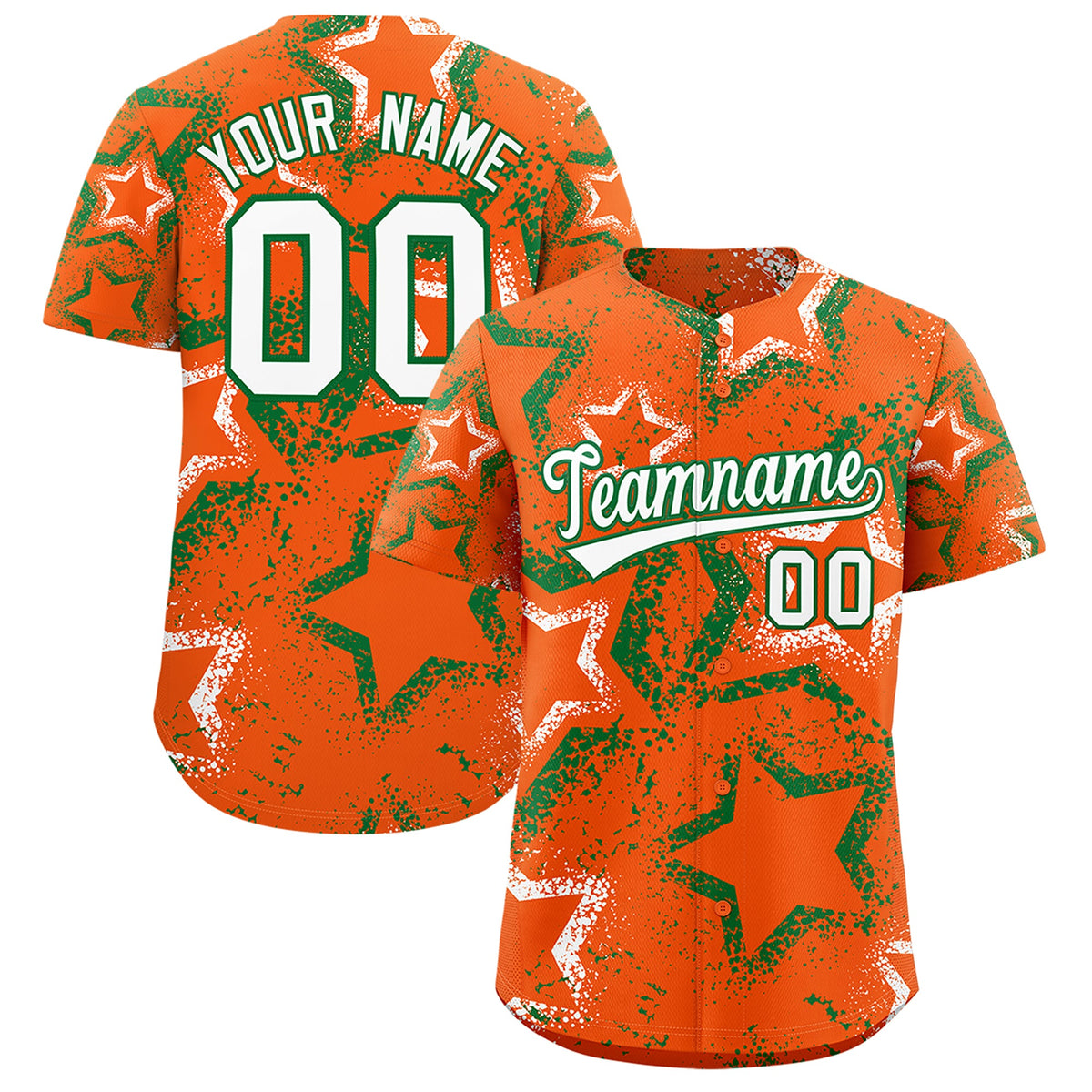 Custom Orange White Kelly Green Star-Shaped Ink Texture Graffiti Pattern Baseball Jersey | Sublimation Printed & Stitched,Add Name and Numbern,Perfect for Parties,Perfect for Training | KXKSHOP