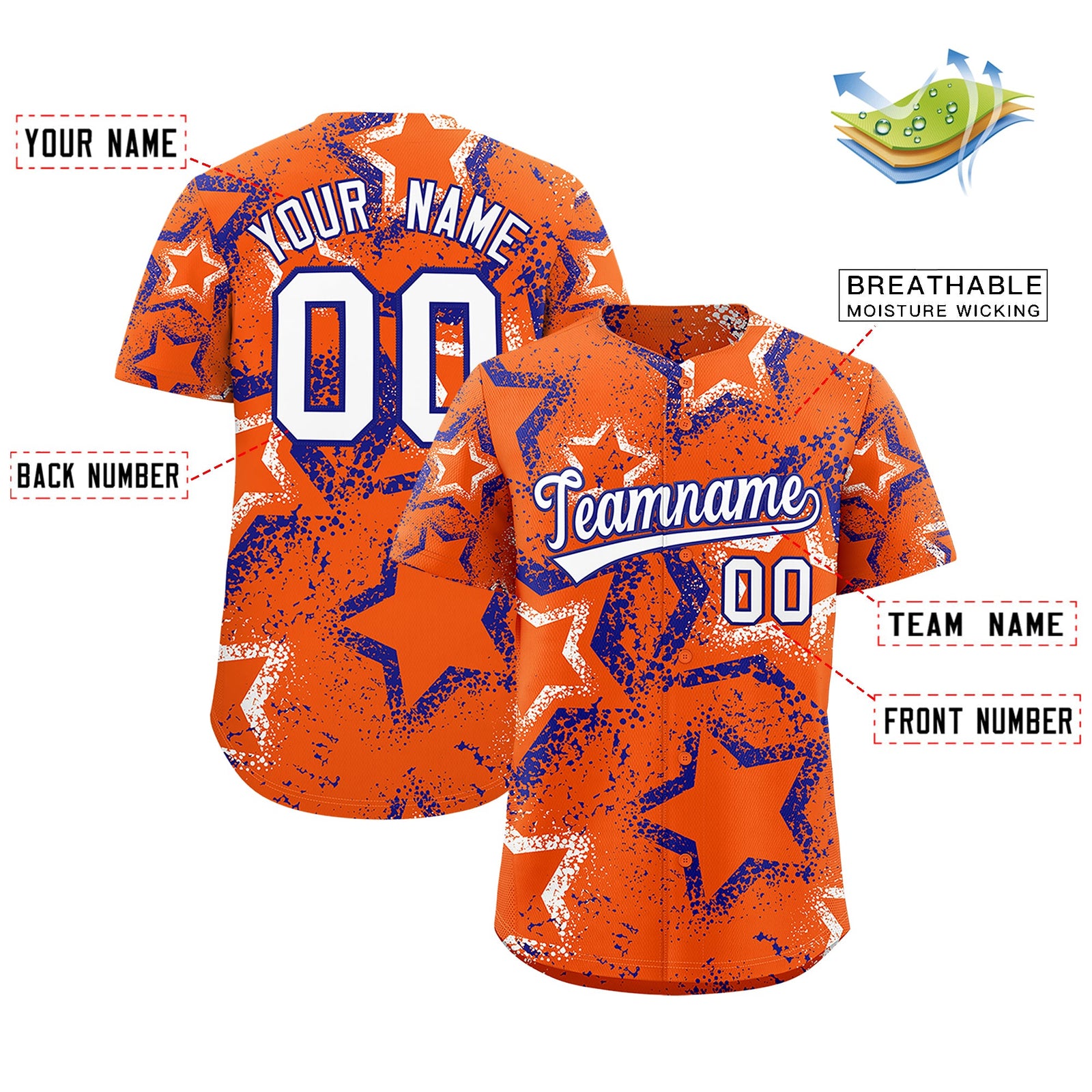 Custom Orange White Royal Blue Star-Shaped Ink Texture Graffiti Pattern Baseball Jersey | Sublimation Printed & Stitched,Add Name and Numbern,Perfect for Parties,Perfect for Training | KXKSHOP