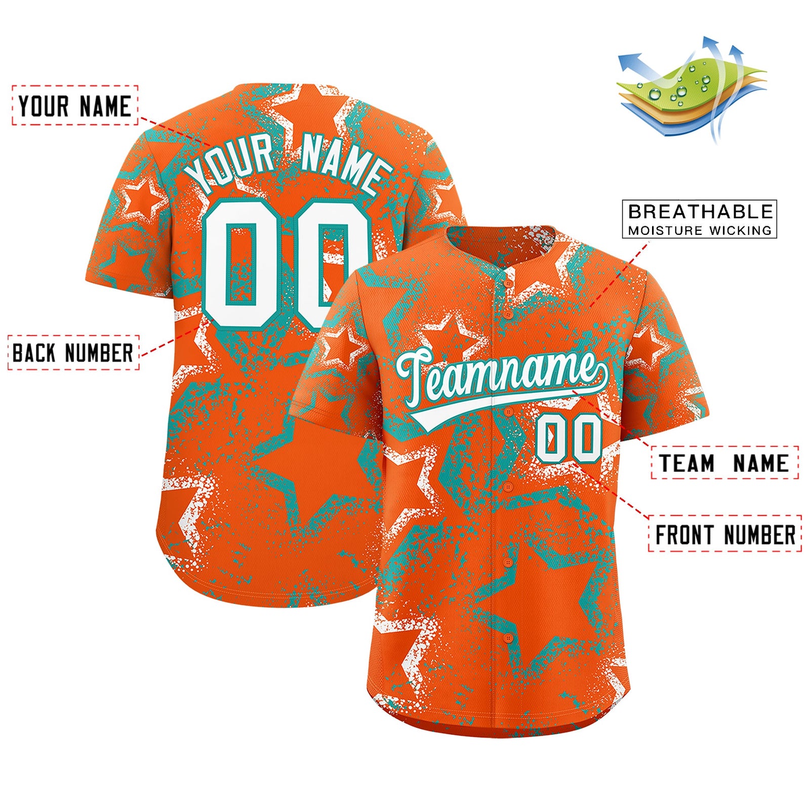 Custom Orange White Aqua Star-Shaped Ink Texture Graffiti Pattern Baseball Jersey | Sublimation Printed & Stitched,Add Name and Numbern,Perfect for Parties,Perfect for Training | KXKSHOP