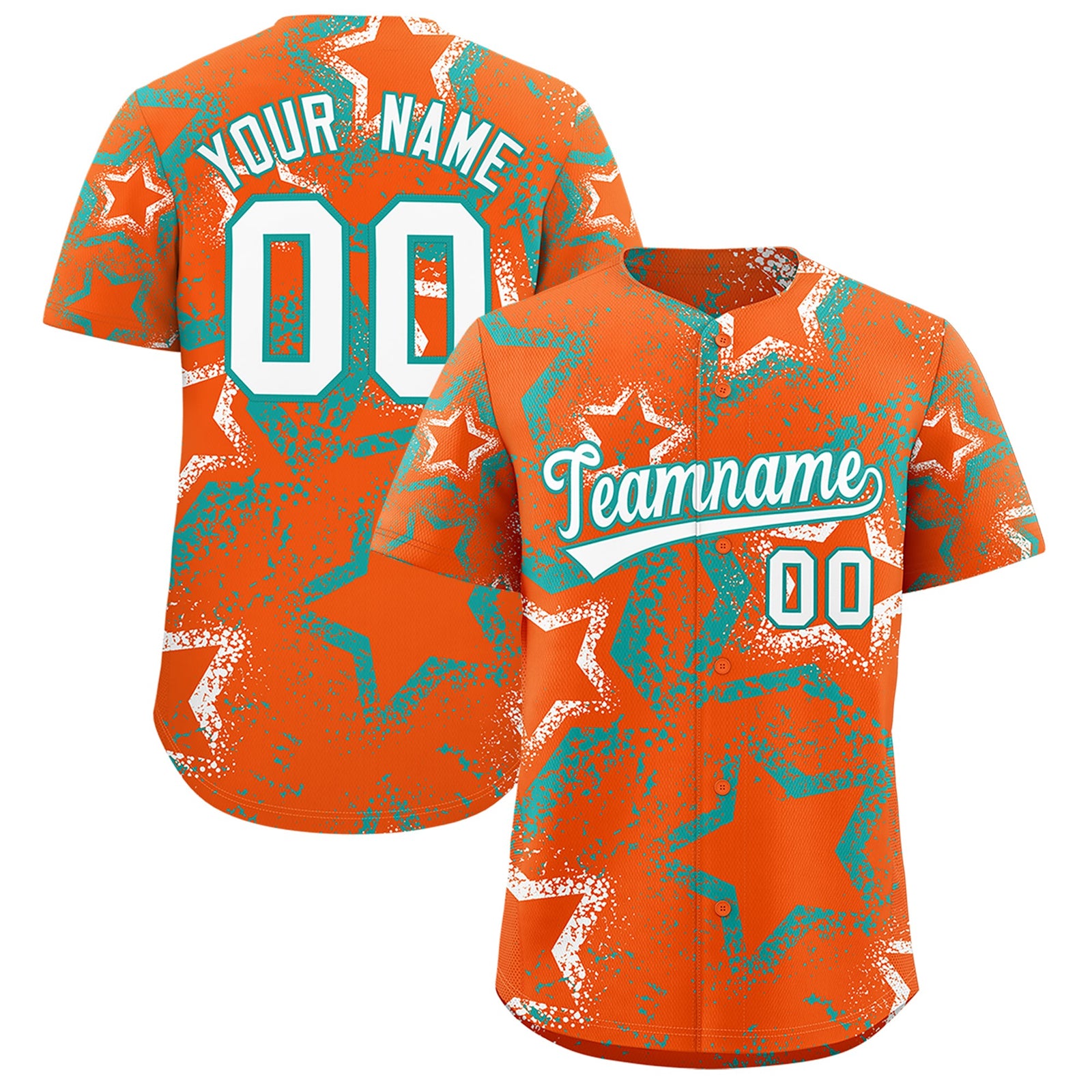 Custom Orange White Aqua Star-Shaped Ink Texture Graffiti Pattern Baseball Jersey | Sublimation Printed & Stitched,Add Name and Numbern,Perfect for Parties,Perfect for Training | KXKSHOP