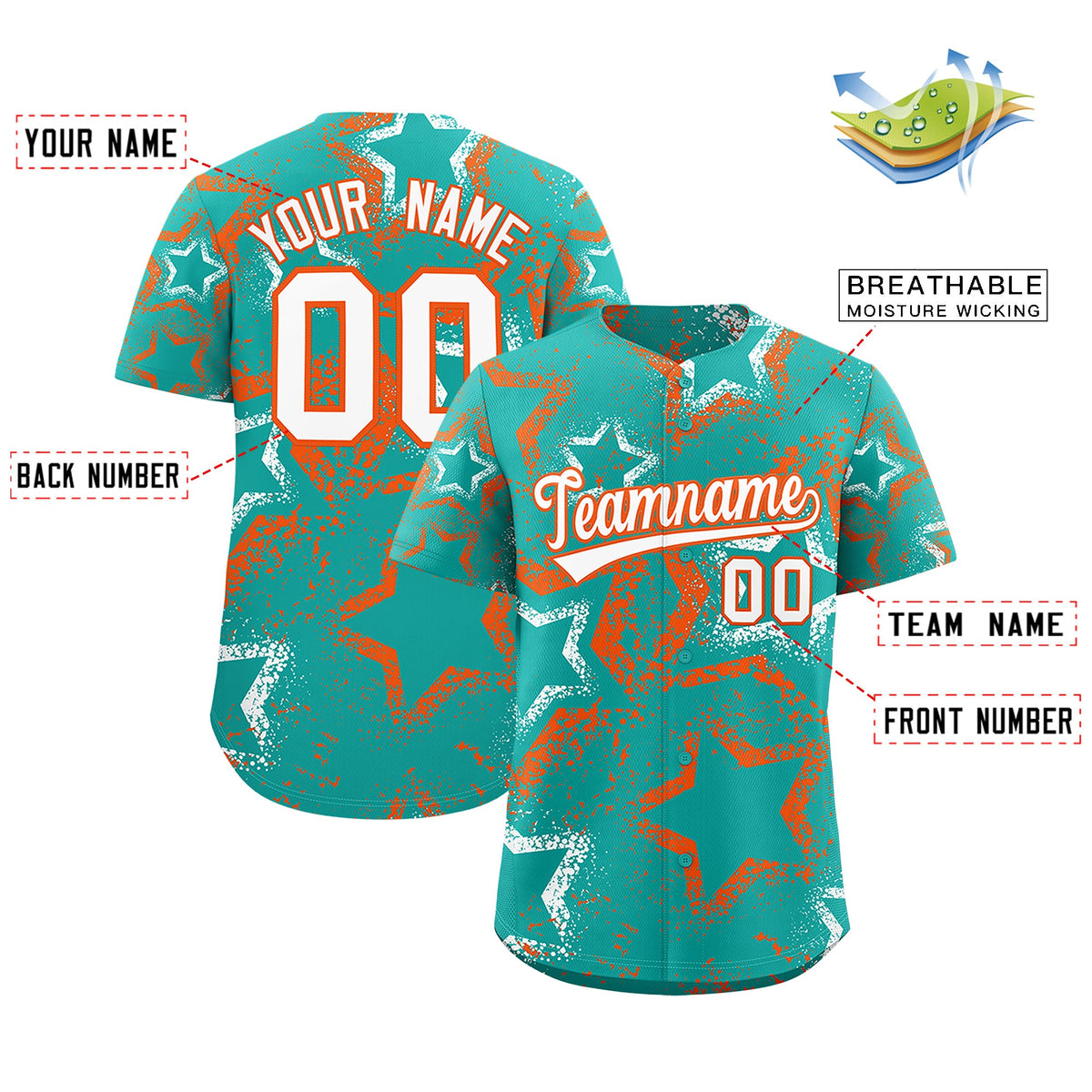 Custom Aqua White Orange Star-Shaped Ink Texture Graffiti Pattern Baseball Jersey | Sublimation Printed &amp; Stitched,Add Name and Numbern,Perfect for Parties,Perfect for Training | KXKSHOP
