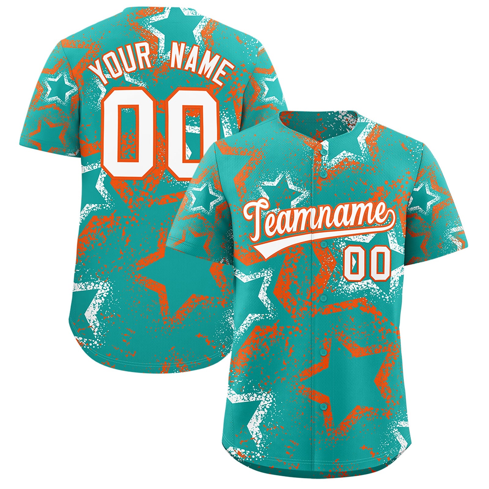 Custom Aqua White Orange Star-Shaped Ink Texture Graffiti Pattern Baseball Jersey | Sublimation Printed & Stitched,Add Name and Numbern,Perfect for Parties,Perfect for Training | KXKSHOP