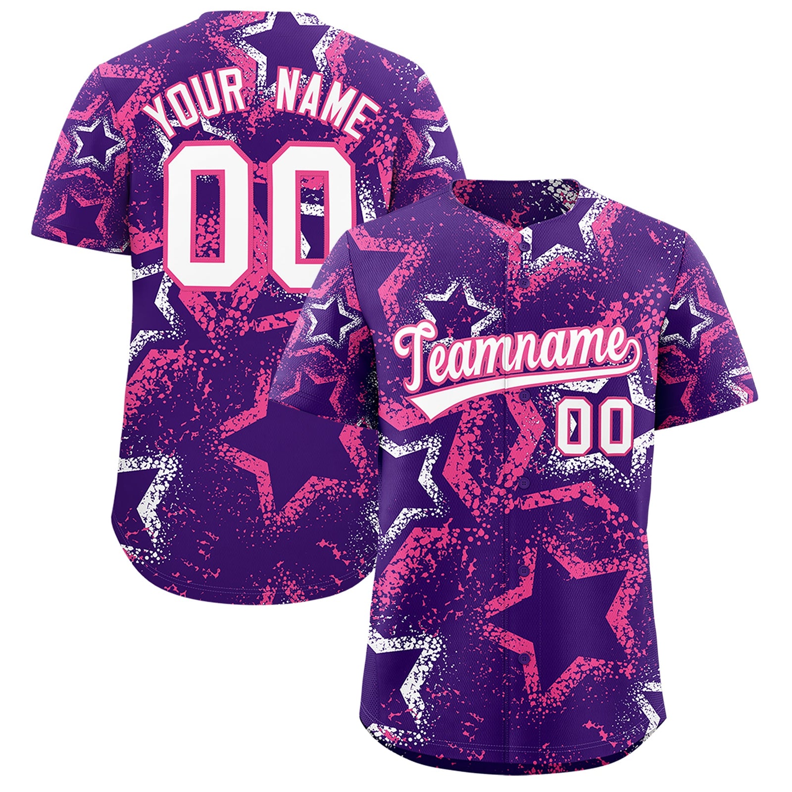 Custom Purple White Pink Star-Shaped Ink Texture Graffiti Pattern Baseball Jersey | Sublimation Printed & Stitched,Add Name and Numbern,Perfect for Parties,Perfect for Training | KXKSHOP