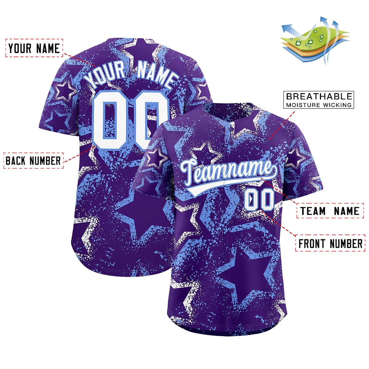 Custom Purple White Light Blue Star-Shaped Ink Texture Graffiti Pattern Baseball Jersey | Sublimation Printed &amp; Stitched,Add Name and Numbern,Perfect for Parties,Perfect for Training | KXKSHOP