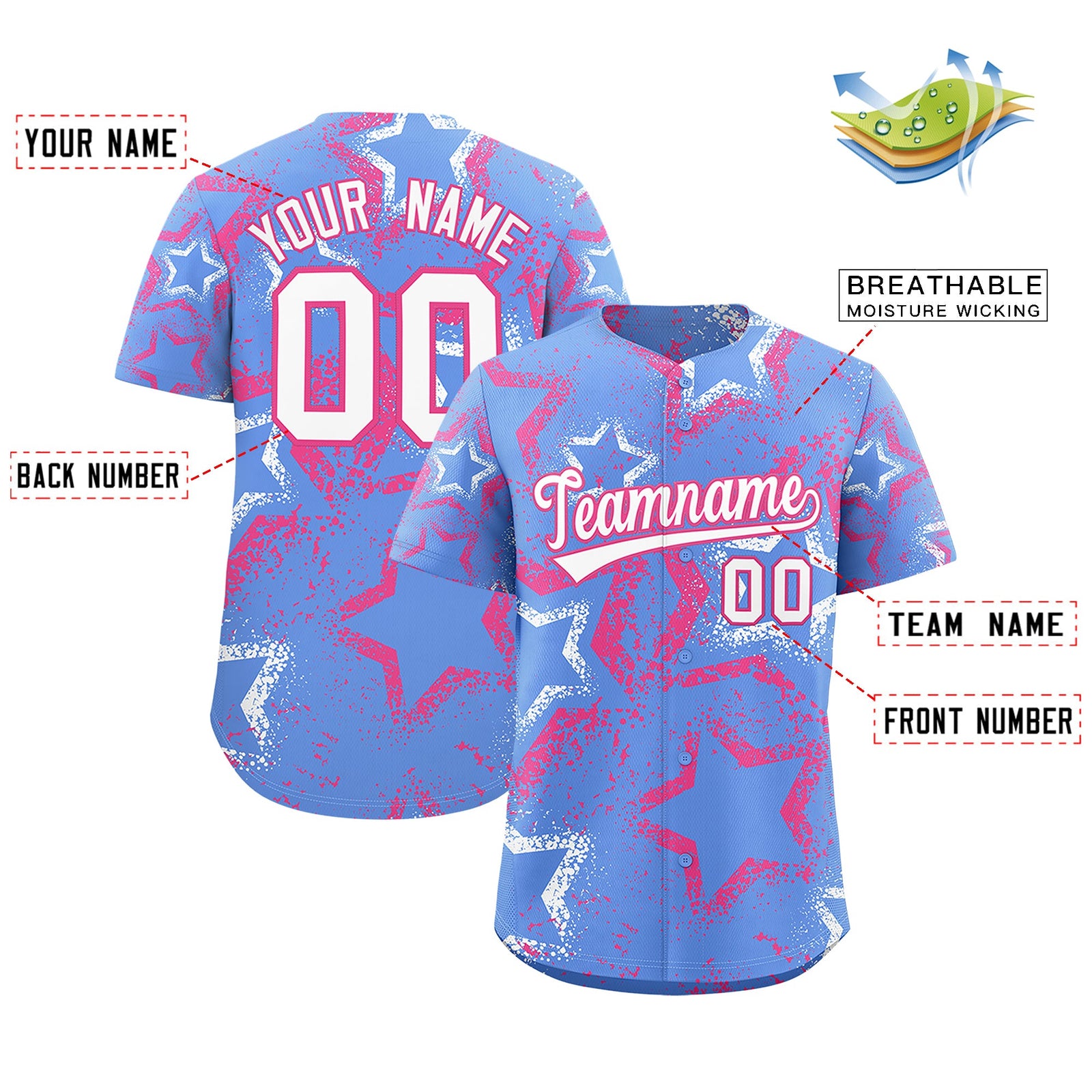 Custom Light Blue White Pink Star-Shaped Ink Texture Graffiti Pattern Baseball Jersey | Sublimation Printed & Stitched,Add Name and Numbern,Perfect for Parties,Perfect for Training | KXKSHOP