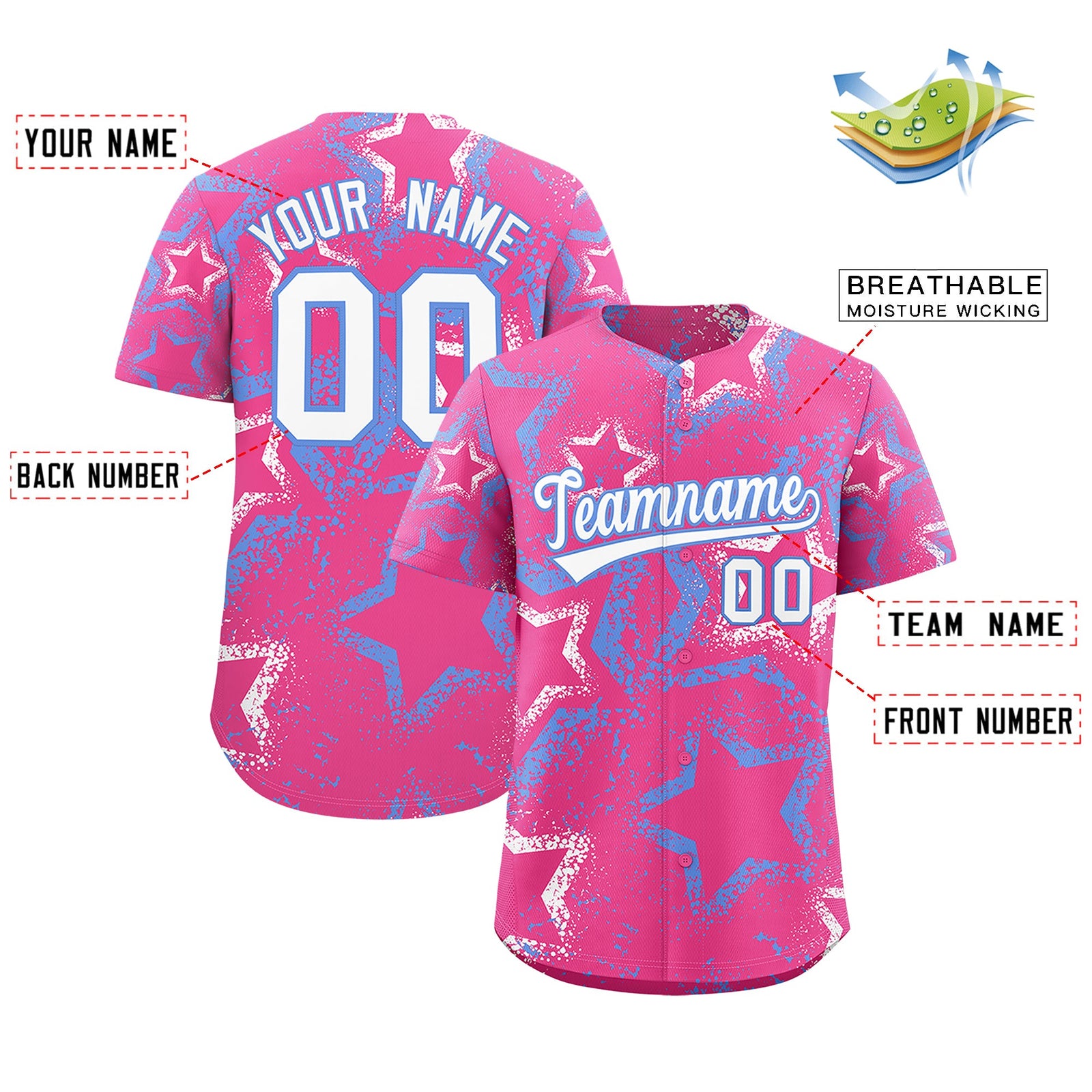 Custom Pink White Light Blue Star-Shaped Ink Texture Graffiti Pattern Baseball Jersey | Sublimation Printed & Stitched,Add Name and Numbern,Perfect for Parties,Perfect for Training | KXKSHOP
