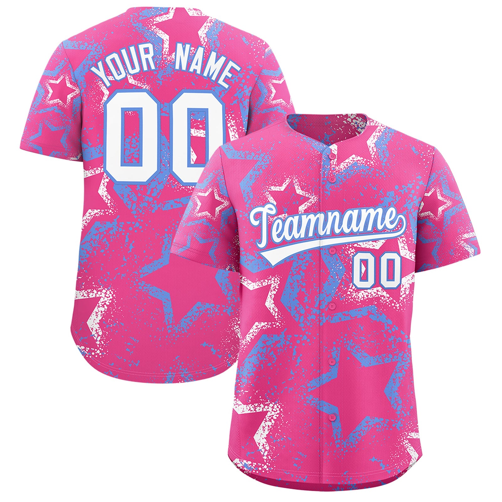 Custom Pink White Light Blue Star-Shaped Ink Texture Graffiti Pattern Baseball Jersey | Sublimation Printed & Stitched,Add Name and Numbern,Perfect for Parties,Perfect for Training | KXKSHOP
