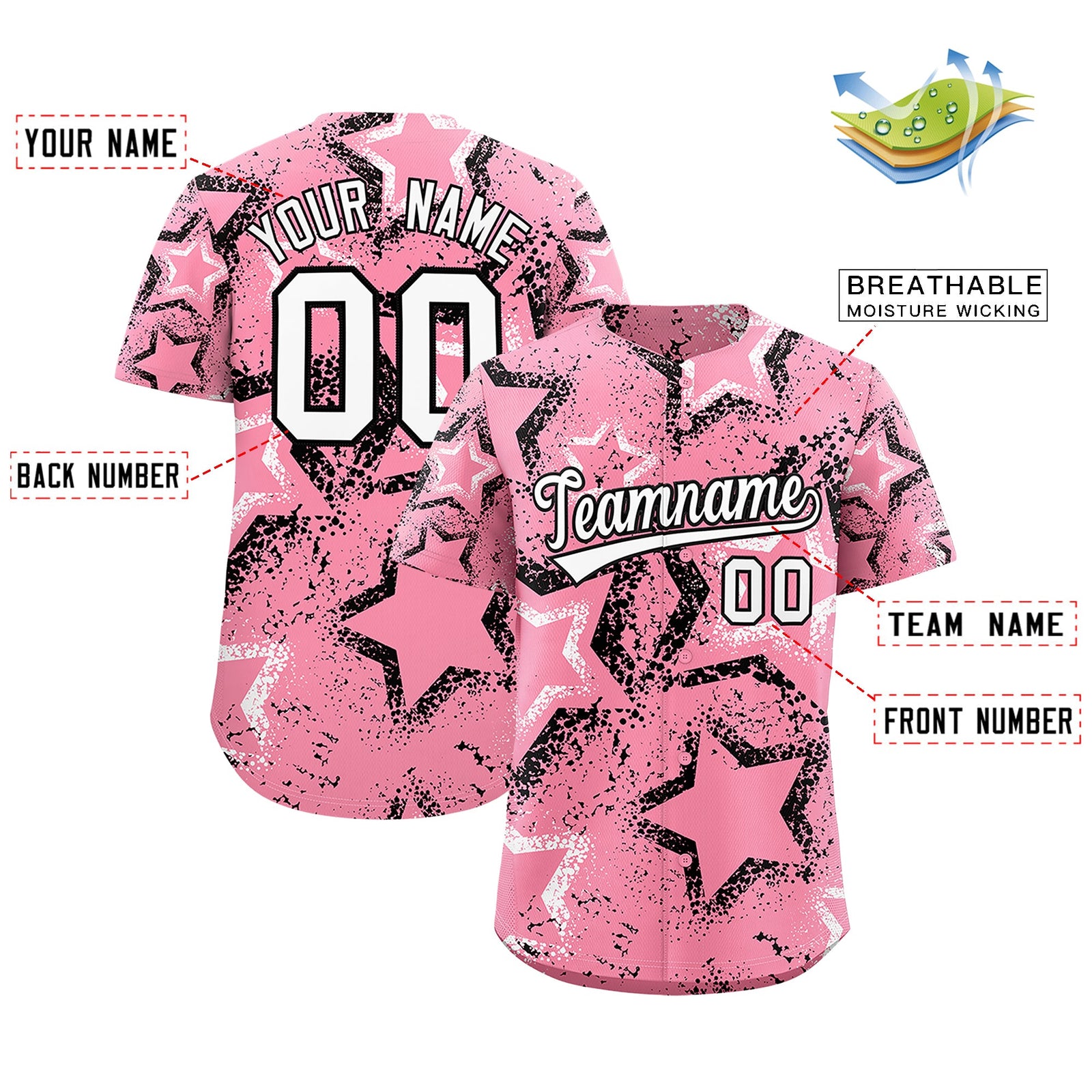 Custom Light Pink White Black Star-Shaped Ink Texture Graffiti Pattern Baseball Jersey | Sublimation Printed & Stitched,Add Name and Numbern,Perfect for Parties,Perfect for Training | KXKSHOP