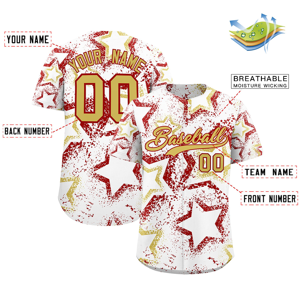 Custom White Old Gold Red Star-Shaped Ink Texture Graffiti Pattern Baseball Jersey | Sublimation Printed &amp; Stitched,Add Name and Numbern,Perfect for Parties,Perfect for Training | KXKSHOP