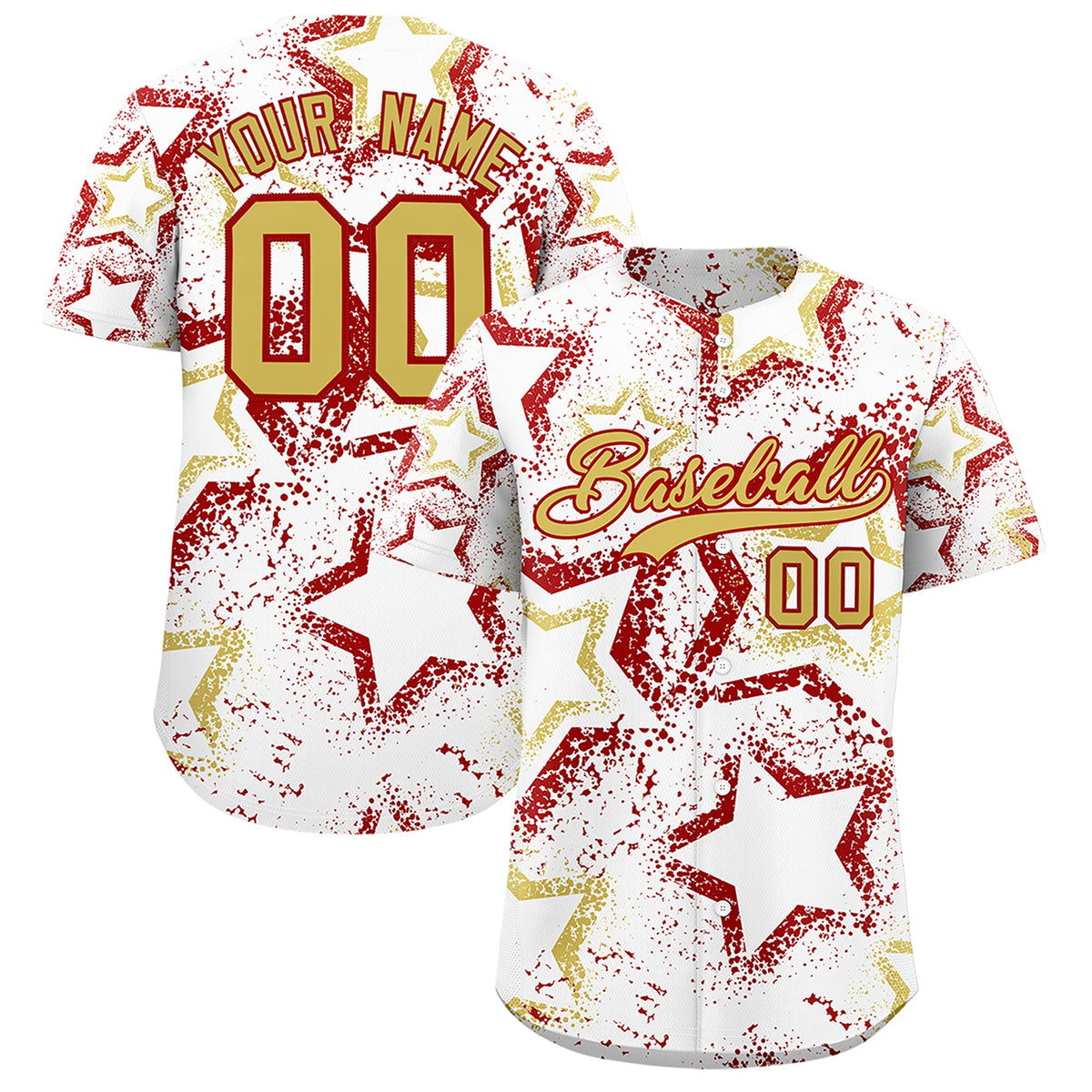 Custom White Old Gold Red Star-Shaped Ink Texture Graffiti Pattern Baseball Jersey | Sublimation Printed &amp; Stitched,Add Name and Numbern,Perfect for Parties,Perfect for Training | KXKSHOP