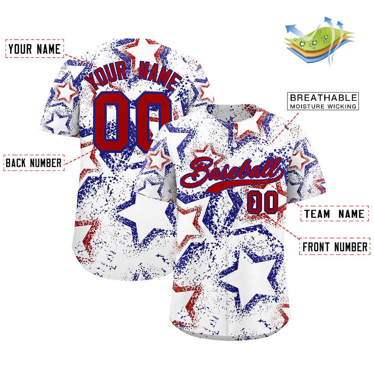 Custom White Royal Blue Red Star-Shaped Ink Texture Graffiti Pattern Baseball Jersey | Sublimation Printed &amp; Stitched,Add Name and Numbern,Perfect for Parties,Perfect for Training | KXKSHOP