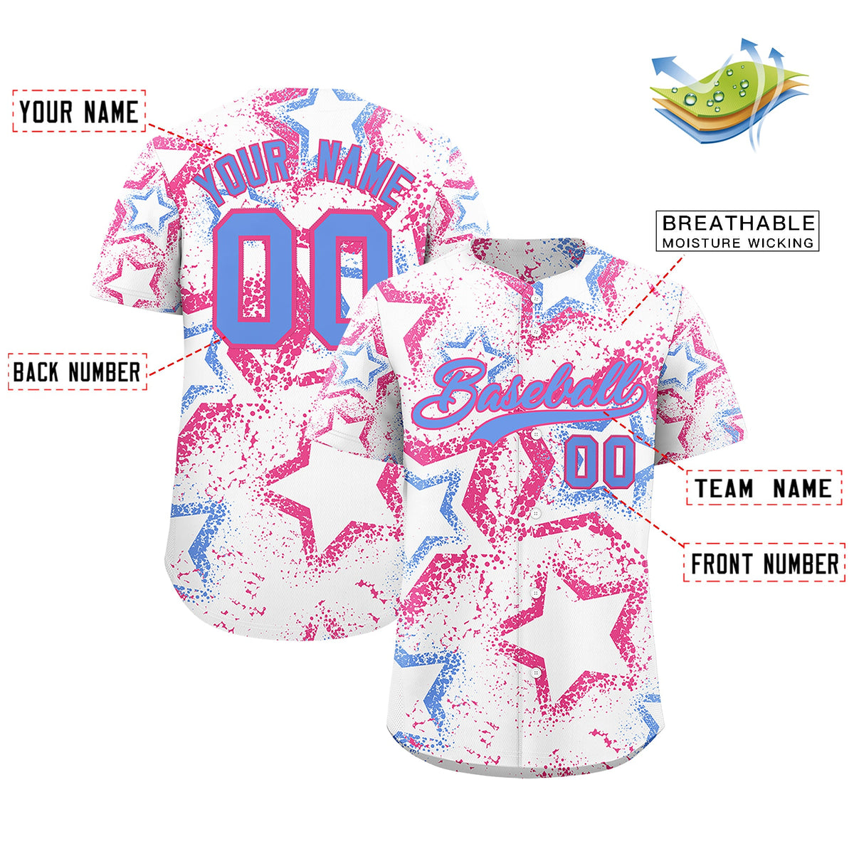 Custom White Pink Light Blue Star-Shaped Ink Texture Graffiti Pattern Baseball Jersey | Sublimation Printed &amp; Stitched,Add Name and Numbern,Perfect for Parties,Perfect for Training | KXKSHOP