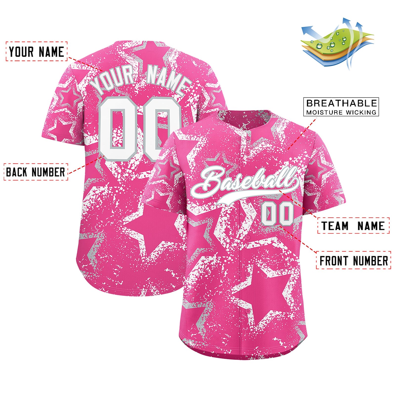 Custom Pink Silver White Star-Shaped Ink Texture Graffiti Pattern Baseball Jersey | Sublimation Printed & Stitched,Add Name and Numbern,Perfect for Parties,Perfect for Training | KXKSHOP