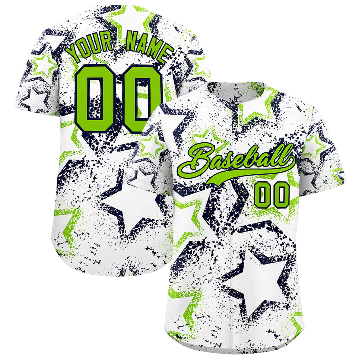 Custom White Neon Green Navy Star-Shaped Ink Texture Graffiti Pattern Baseball Jersey | Sublimation Printed & Stitched,Add Name and Numbern,Perfect for Parties,Perfect for Training | KXKSHOP